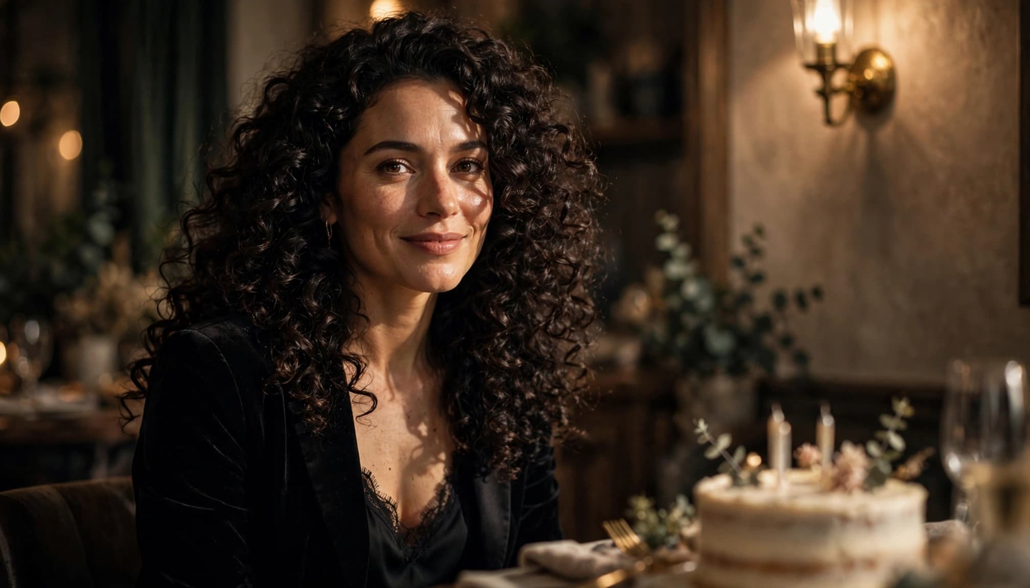 A woman with dark curls sits beside an unlit birthday cake in a warmly decorated room.