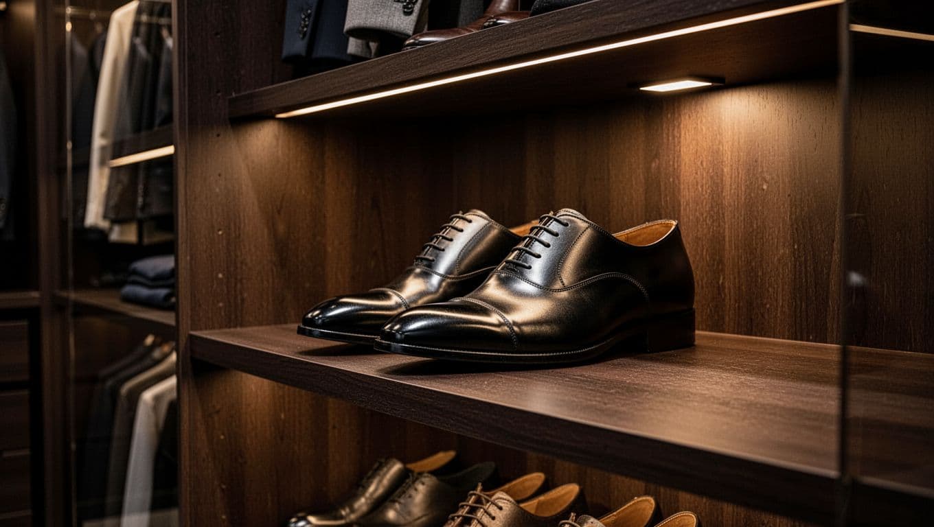 Polished black oxford shoes on a dark wooden shelf in a walk-in closet.
