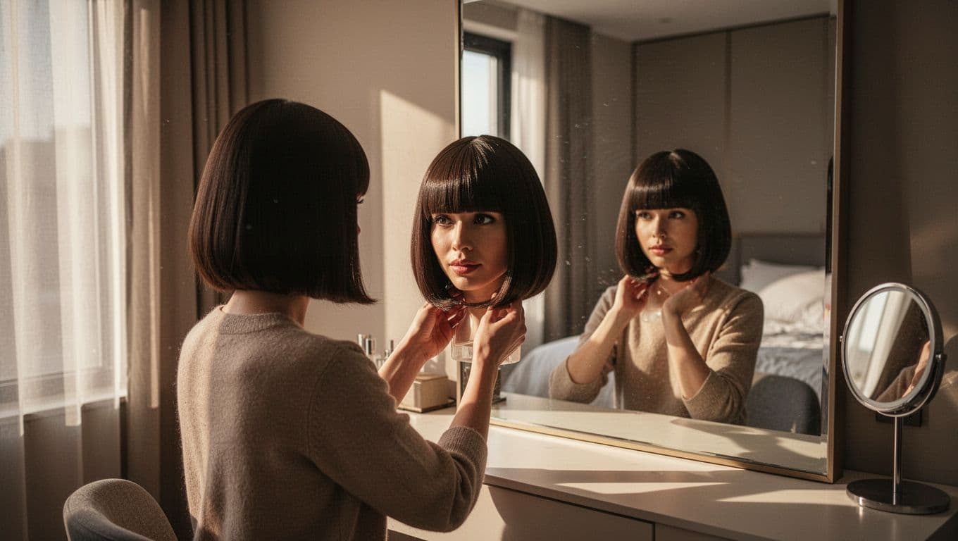 A person holds a sleek bob wig beside a vanity mirror in a modern room.