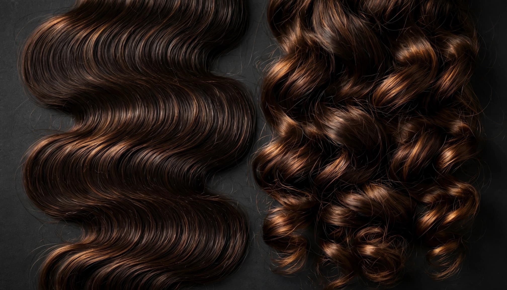 Two hair swatches show broad body waves and tighter, fuller loose waves.