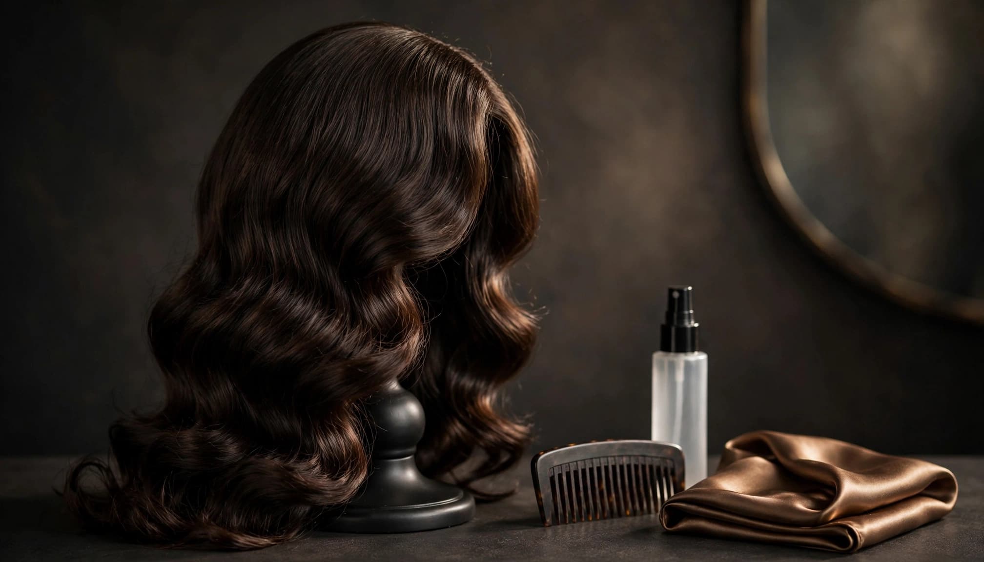 A dark brown wavy wig displayed with a comb, spray bottle, and folded scarf.