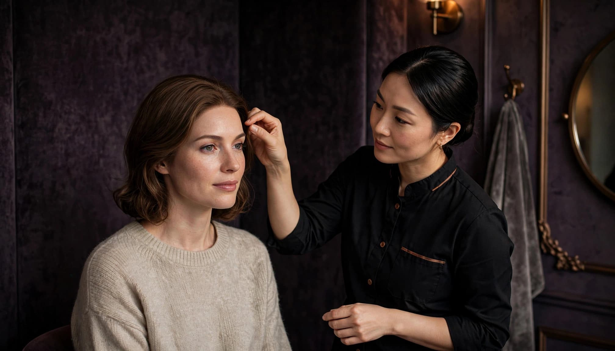 A wig specialist gently checks the cap edge on a seated client.