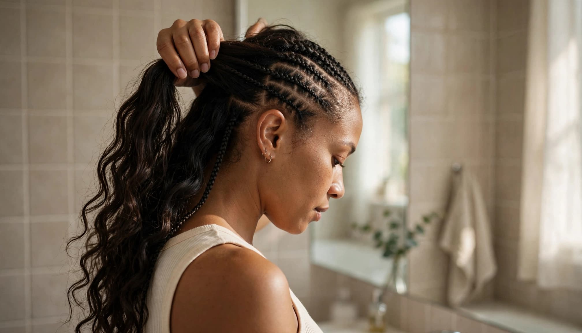 A woman gently parts her extensions to check neat braids at her scalp.