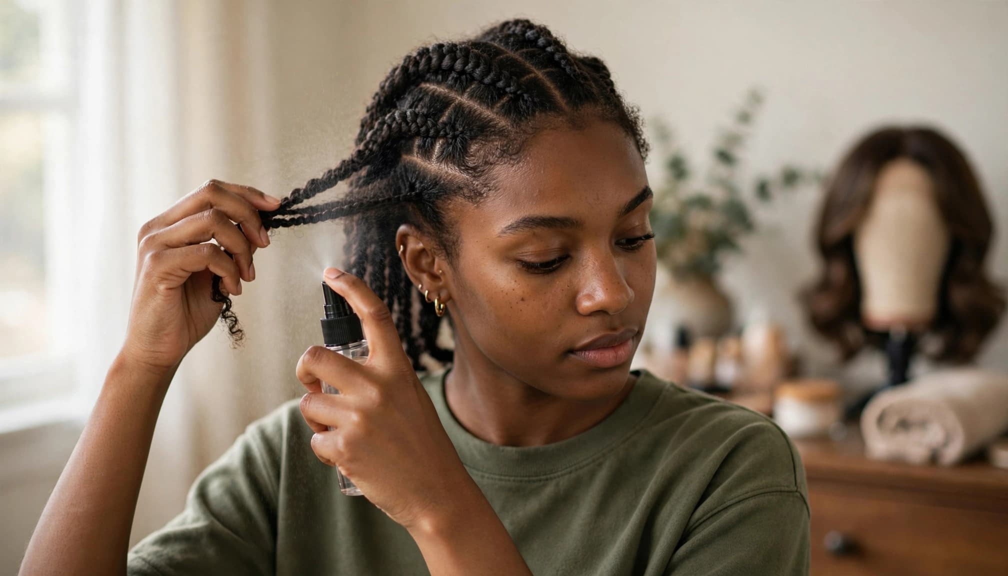 A woman sprays leave-in mist beneath her cornrows beside a wig on a stand.