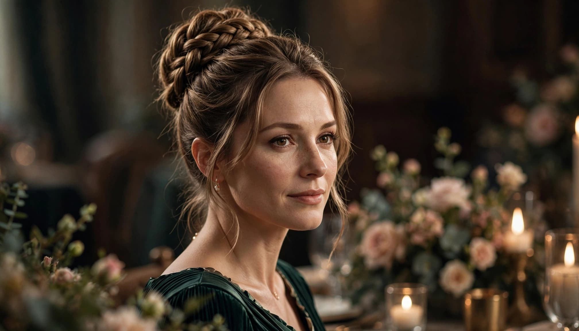 A woman with a braided updo poses in a warmly lit banquet hall.