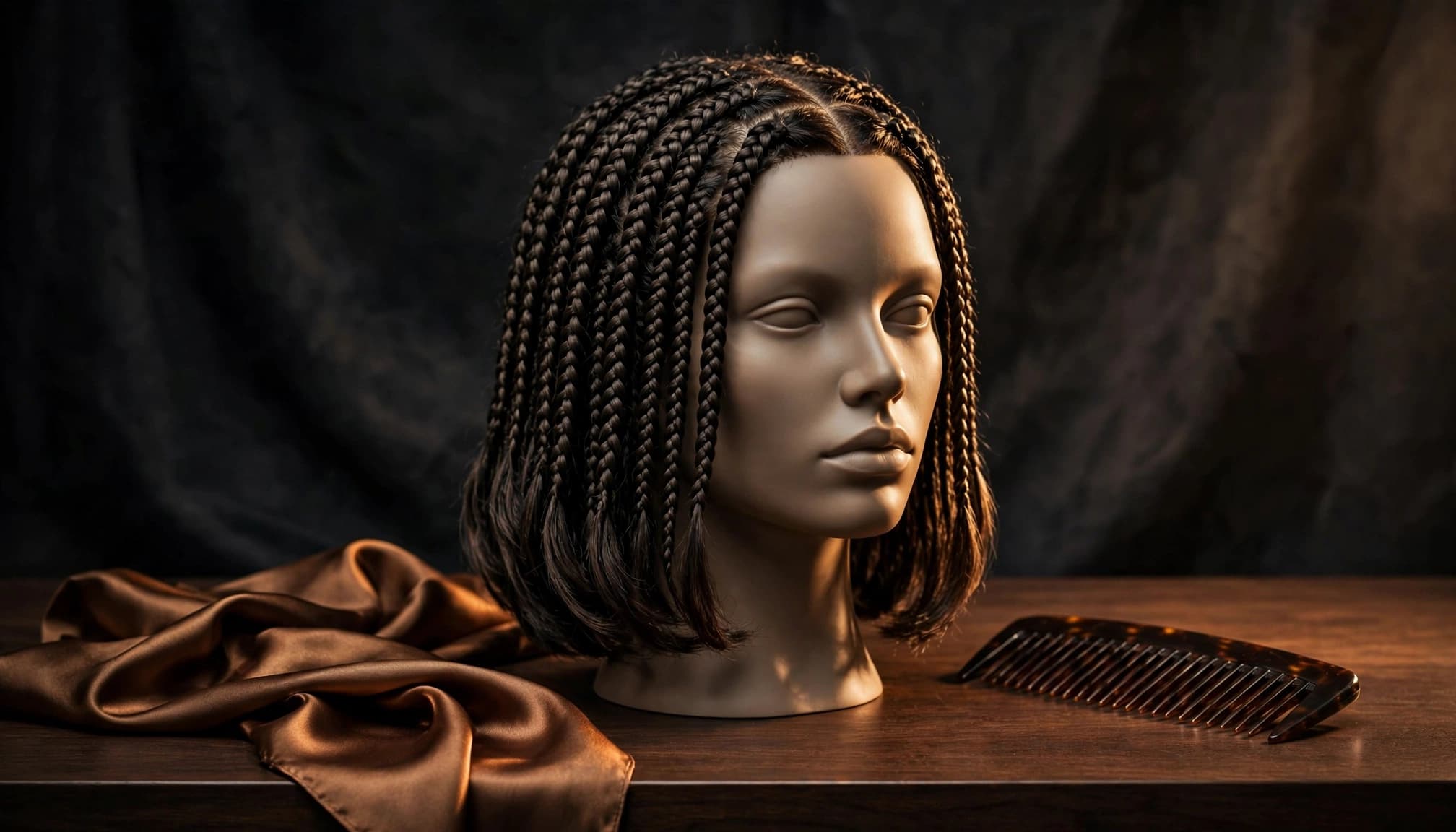 Mannequin head with a braided wig, satin scarf, and wide-tooth comb on a dark counter.