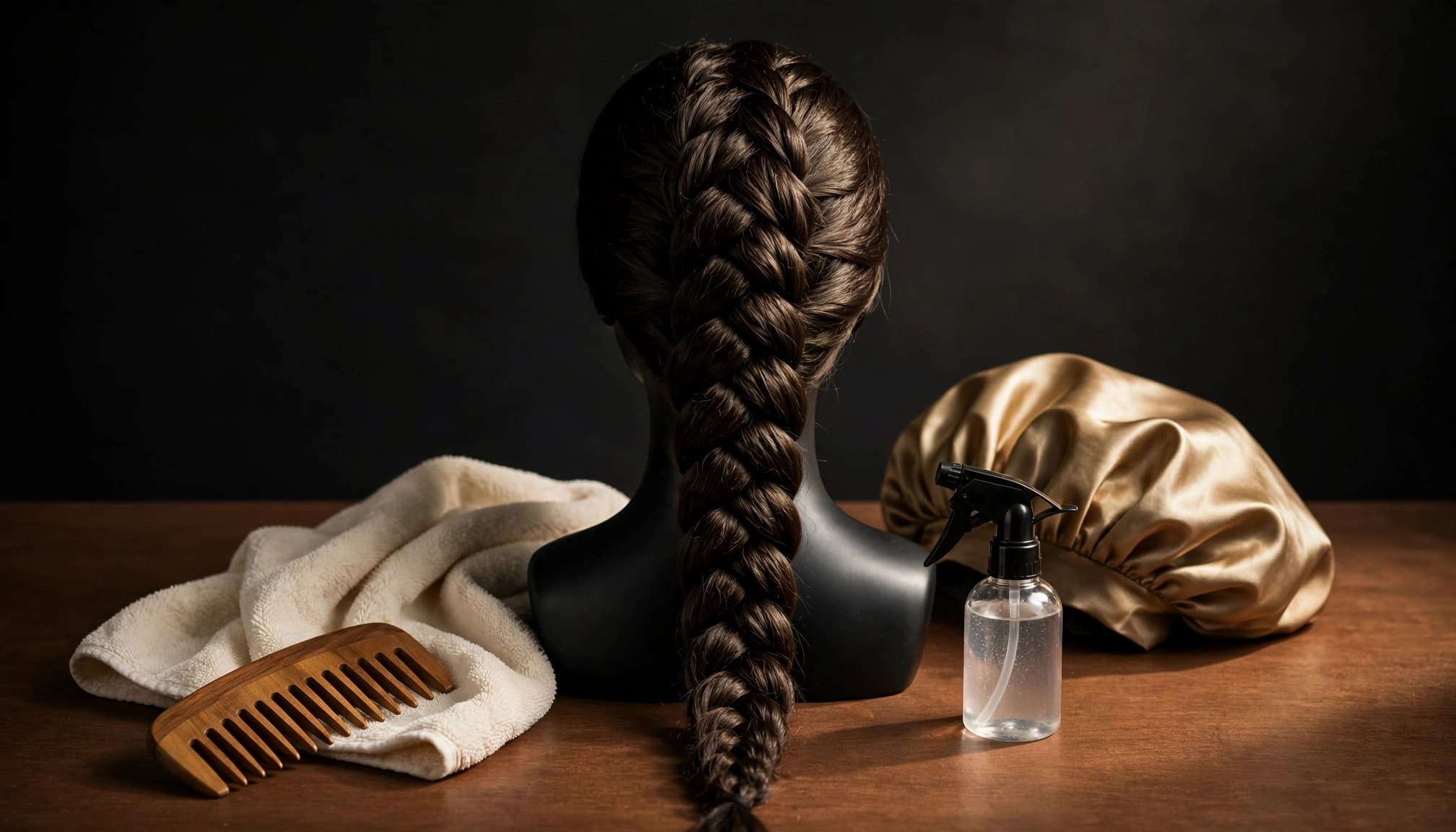 Braided wig on a mannequin with care tools arranged on a wooden surface.