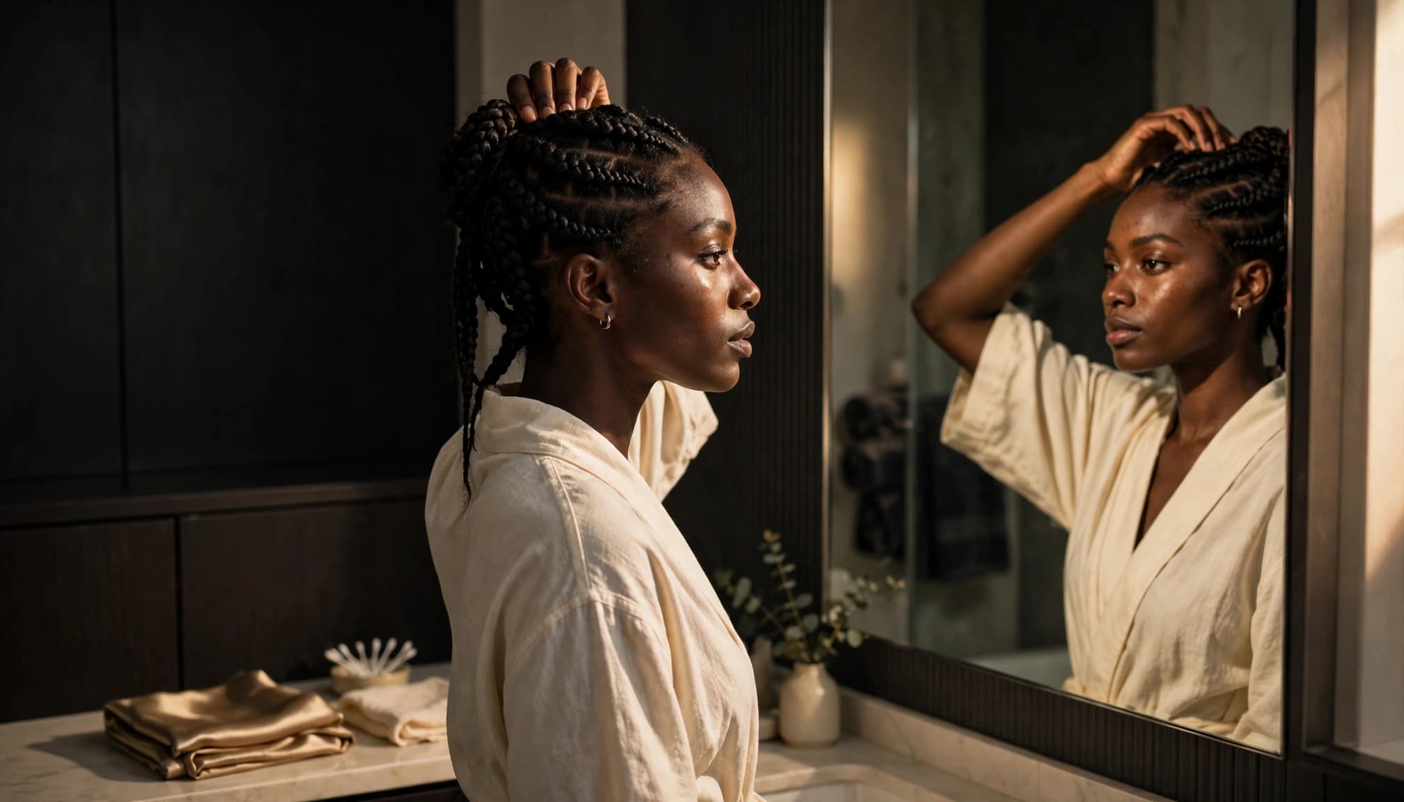Person adjusting a braided wig beside a bathroom mirror with a satin scarf nearby.