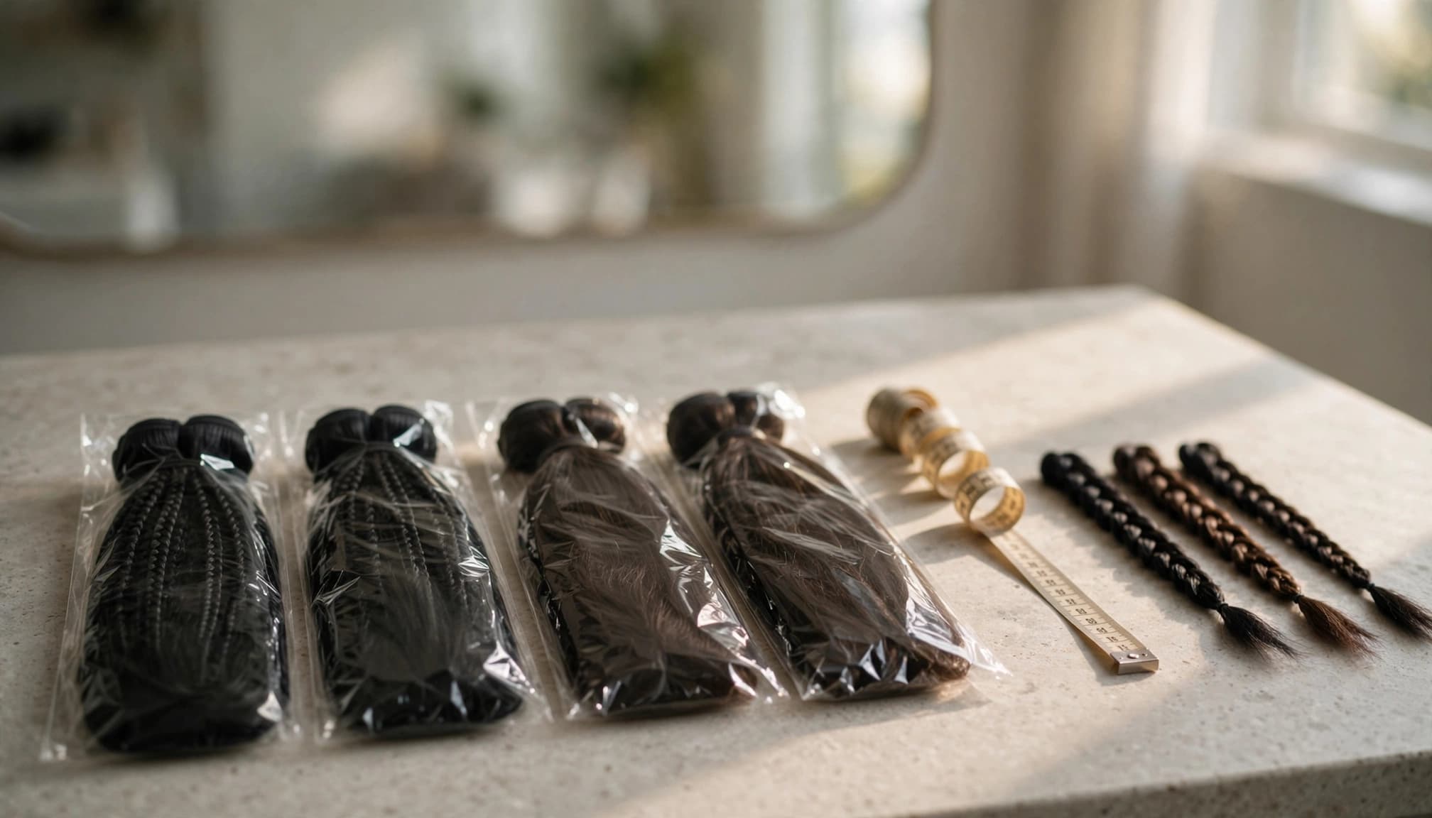 Dark braiding hair packs, braid samples, and a measuring tape rest on a stone counter.