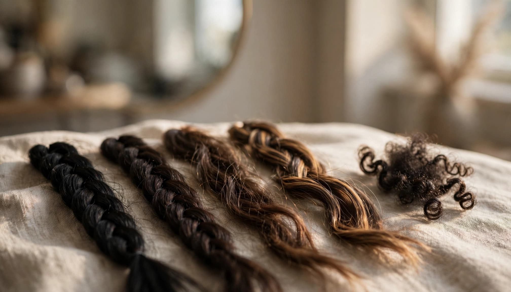 Braiding-hair swatches in several shades lie beside a curl of natural textured hair.
