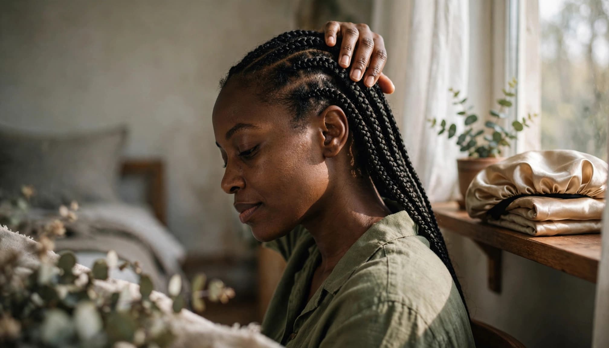 A Black woman with box braids sits near a window, gently resting her fingers near her scalp.