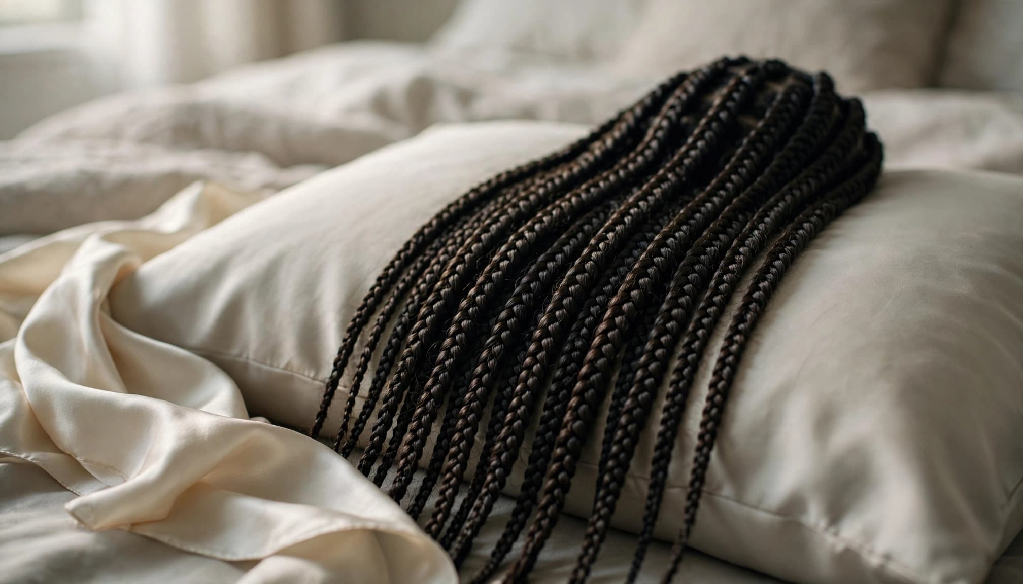 Long, neat box braids resting on a smooth satin pillowcase in a calm bedroom.