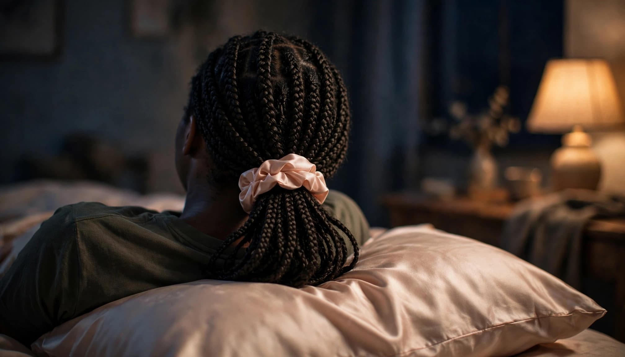 A person with box braids gathered in a satin scrunchie rests their head on a satin pillowcase.