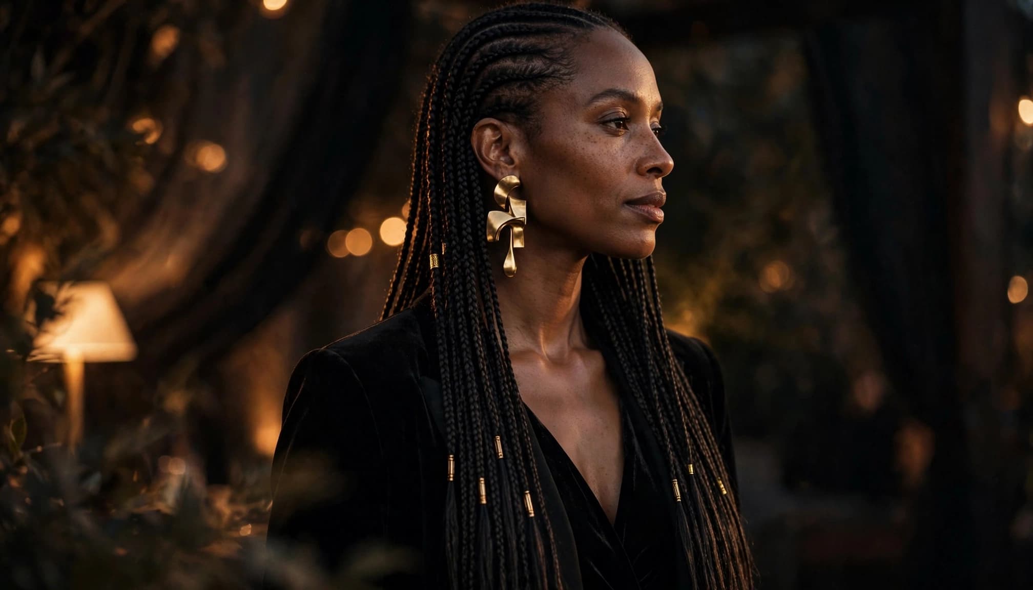 A woman wears long braids, gold cuffs, and bold drop earrings in warm evening light.