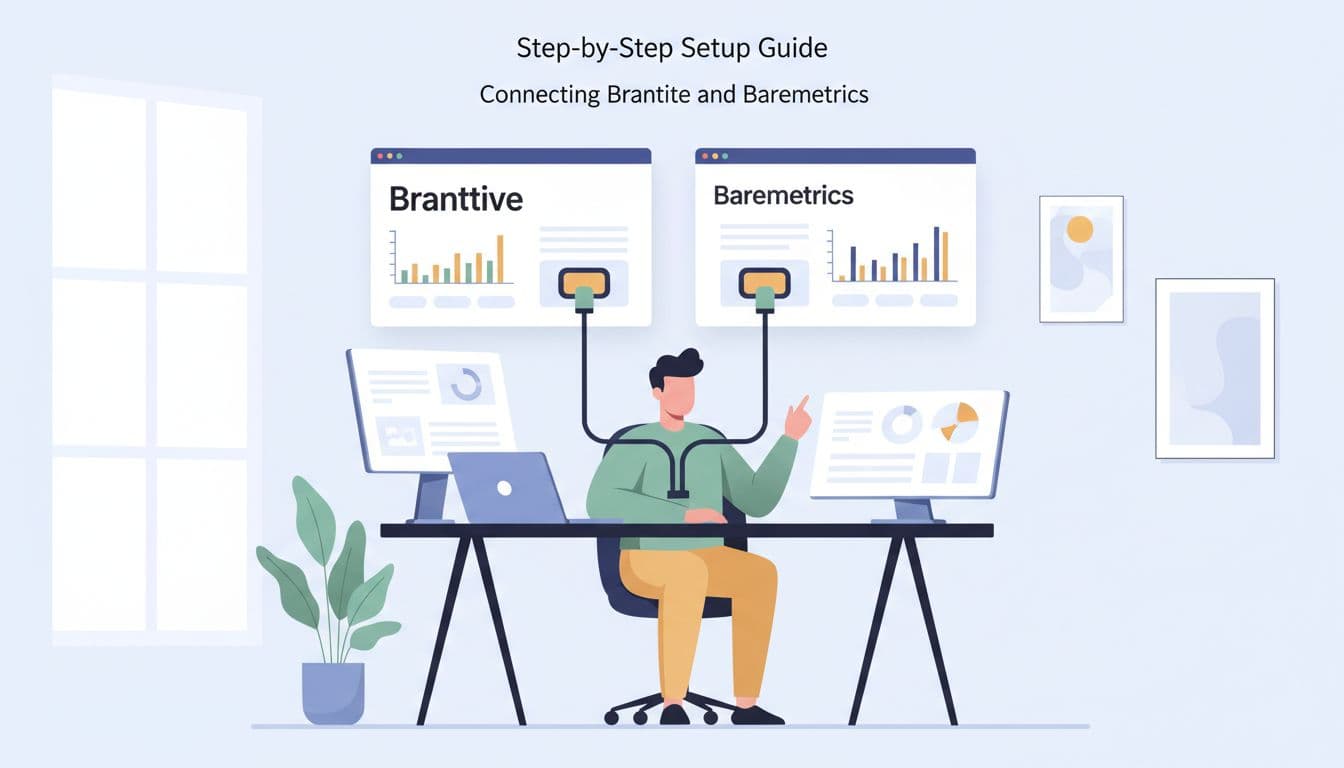Modern illustration of a person at a desk connecting Braintree and Baremetrics dashboards with data cables in a clean office setting.