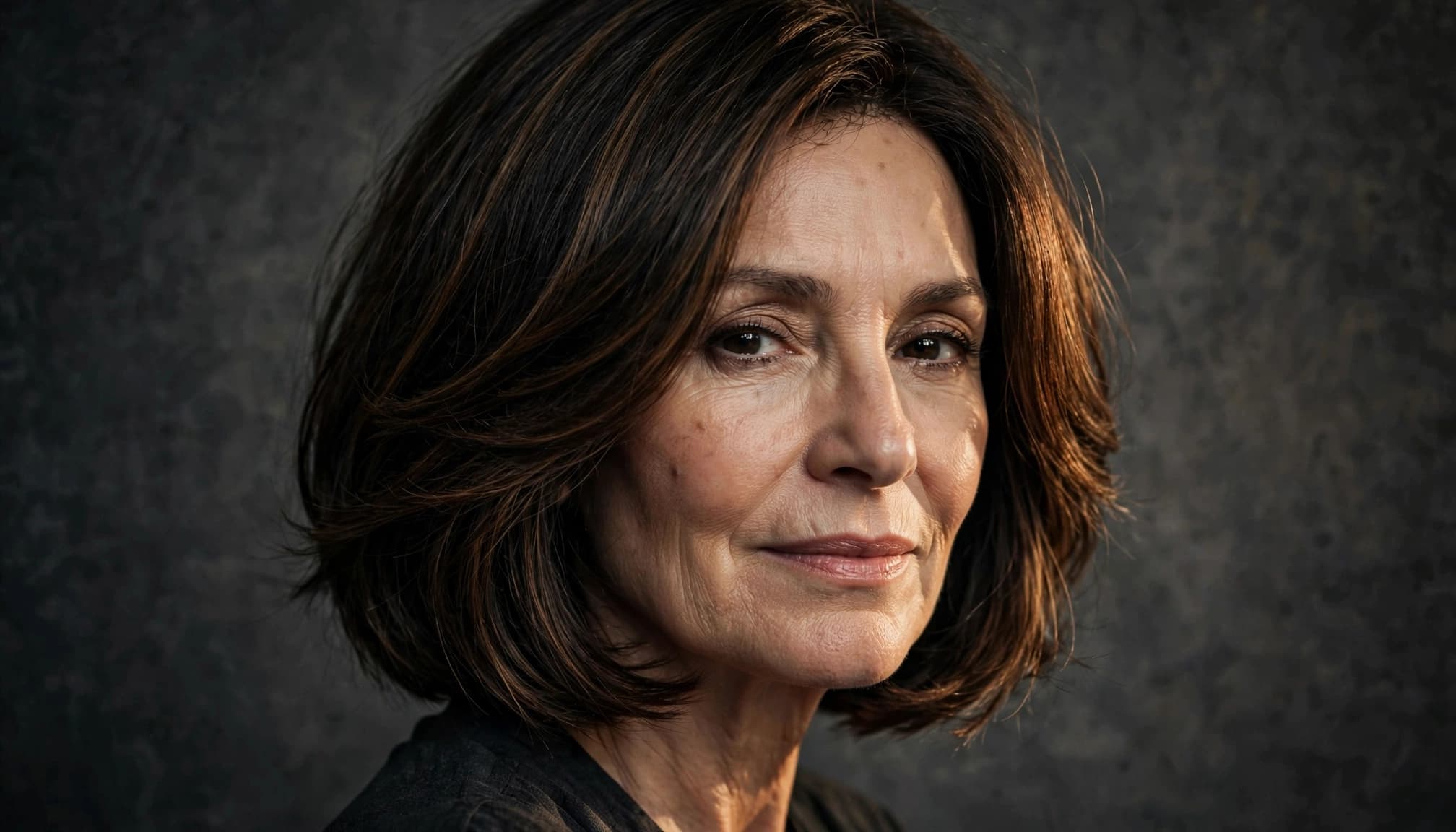 A woman with a softly layered brunette bob poses against a dark studio background.