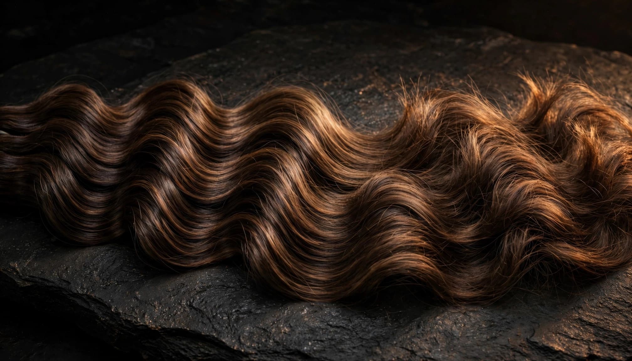 A wavy hair extension curves across dark stone, transitioning to a softer, fuller texture.