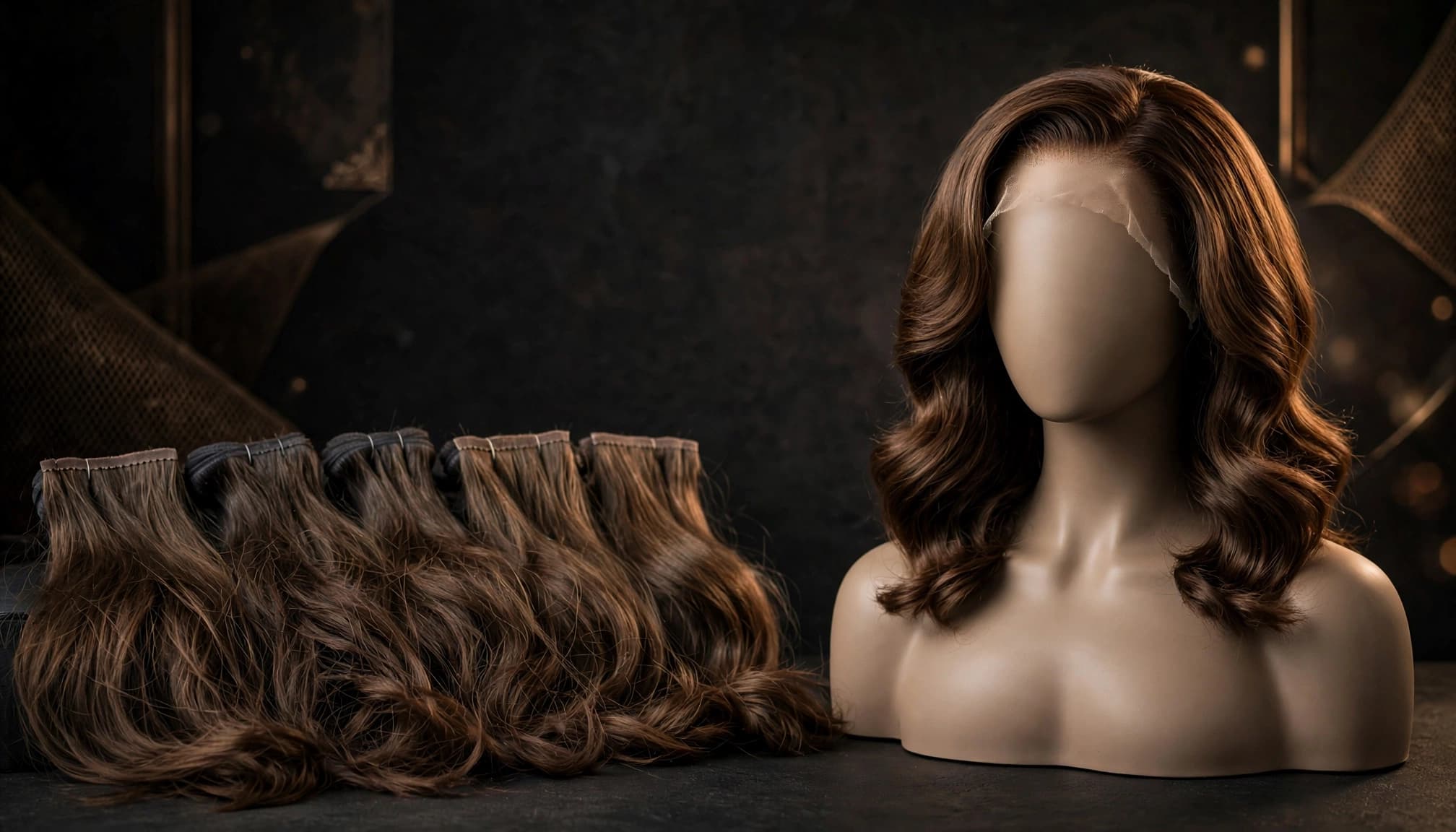 Loose hair bundles beside a lace-front wig on a mannequin bust.