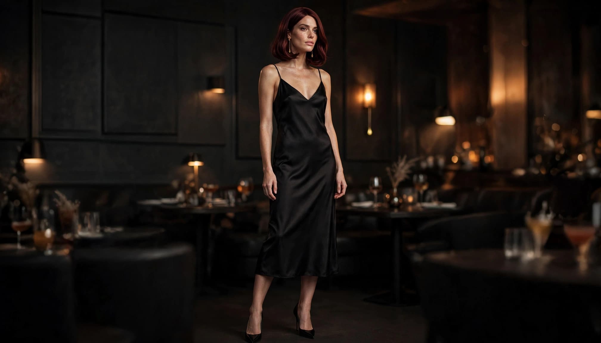 Woman in a black satin dress with a burgundy bob wig at an evening cocktail party.