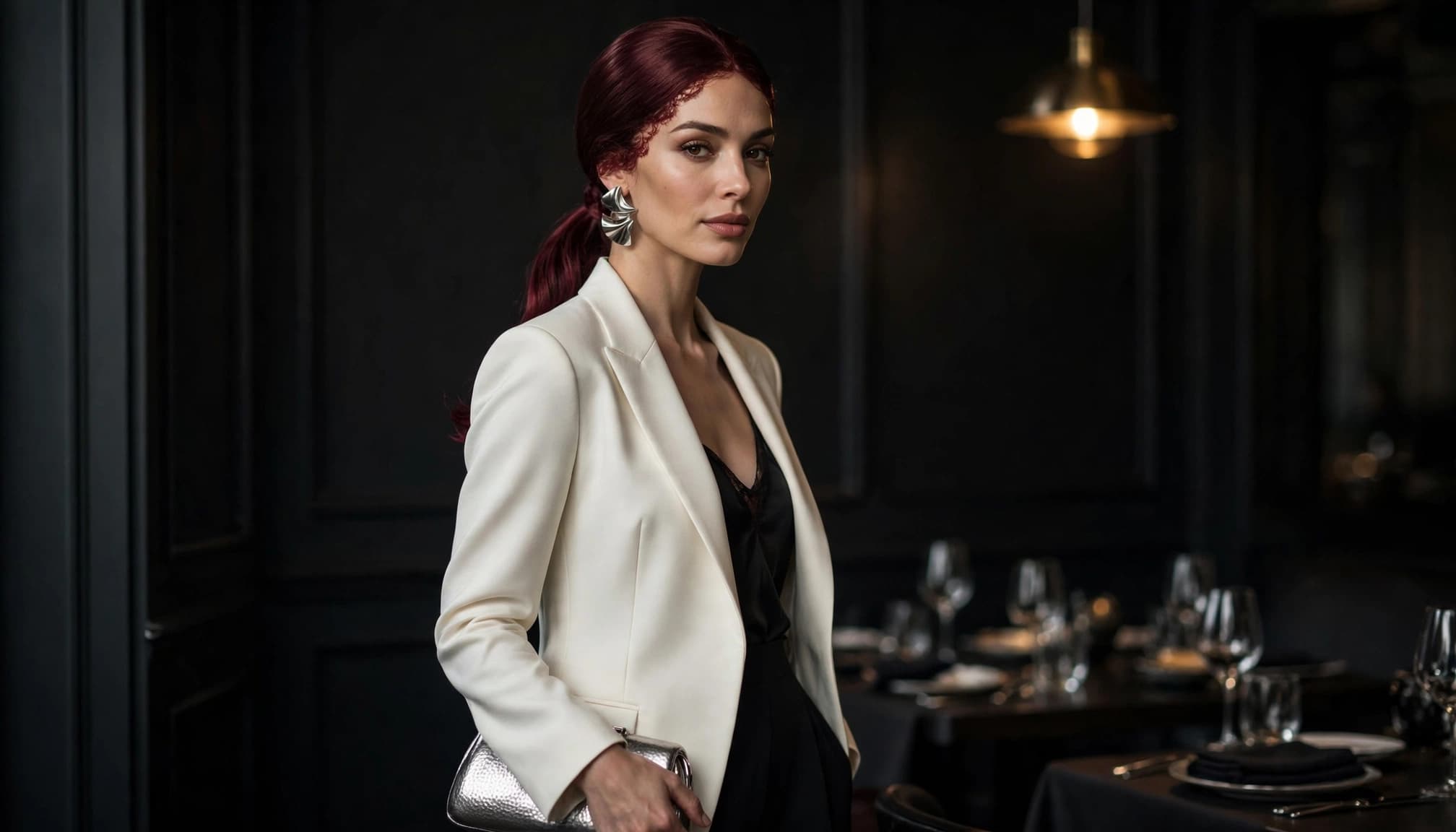 Woman in an ivory blazer with a burgundy ponytail and silver earrings at a restaurant.