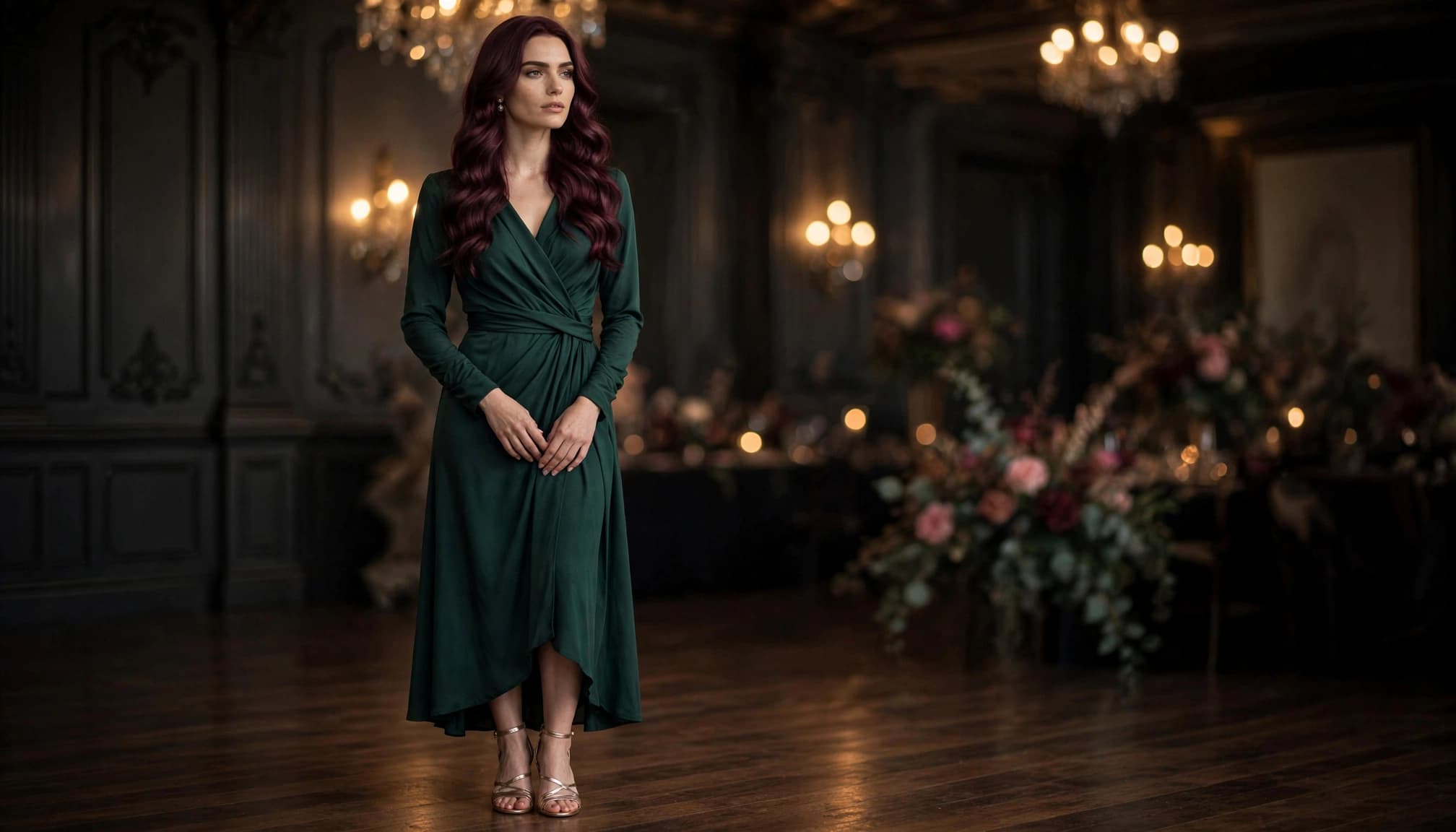 Woman in a green gown with burgundy waves in a warmly lit ballroom.