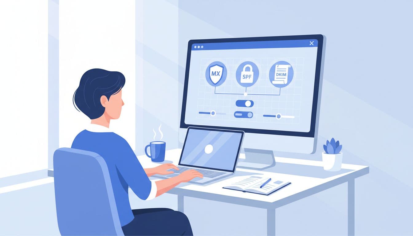 Modern illustration of a business admin configuring DNS records on a computer screen dashboard displaying MX, SPF, and DKIM icons, set on a simple office desk with laptop, notebook, and coffee mug.
