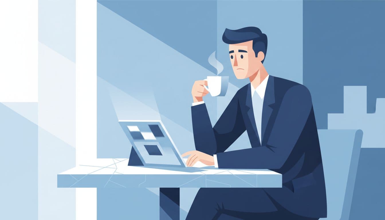 Modern illustration of a business person thoughtfully reviewing email results on a tablet at a cafe table during a coffee break, with a relaxed pose holding a coffee mug, in blues and whites.