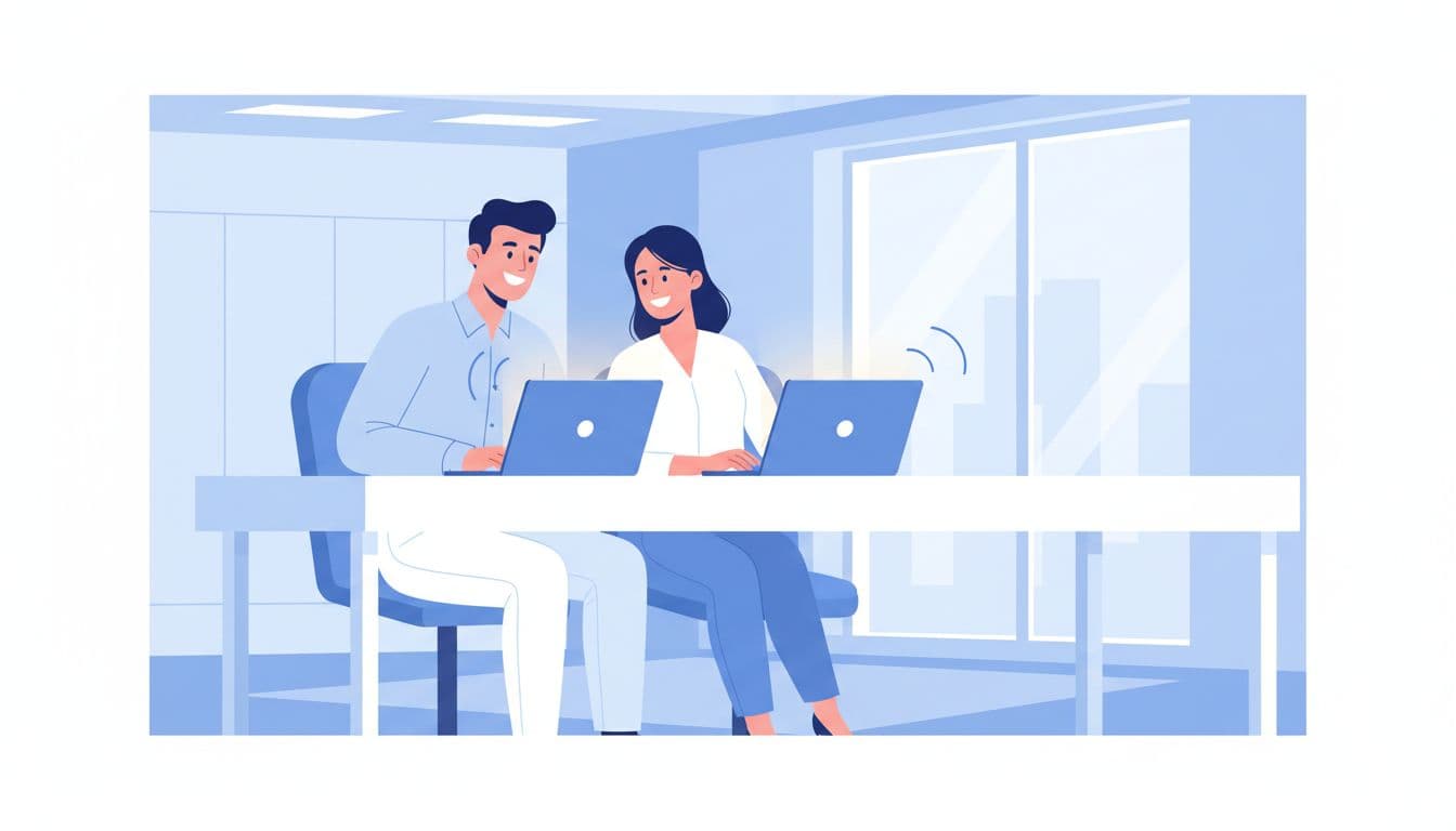 Modern illustration of a two-person business team in a modern office, excitedly smiling while receiving their first professional emails on open laptops with hands resting naturally. Features clean shapes in a blue and white palette, strong composition, and soft office lighting.