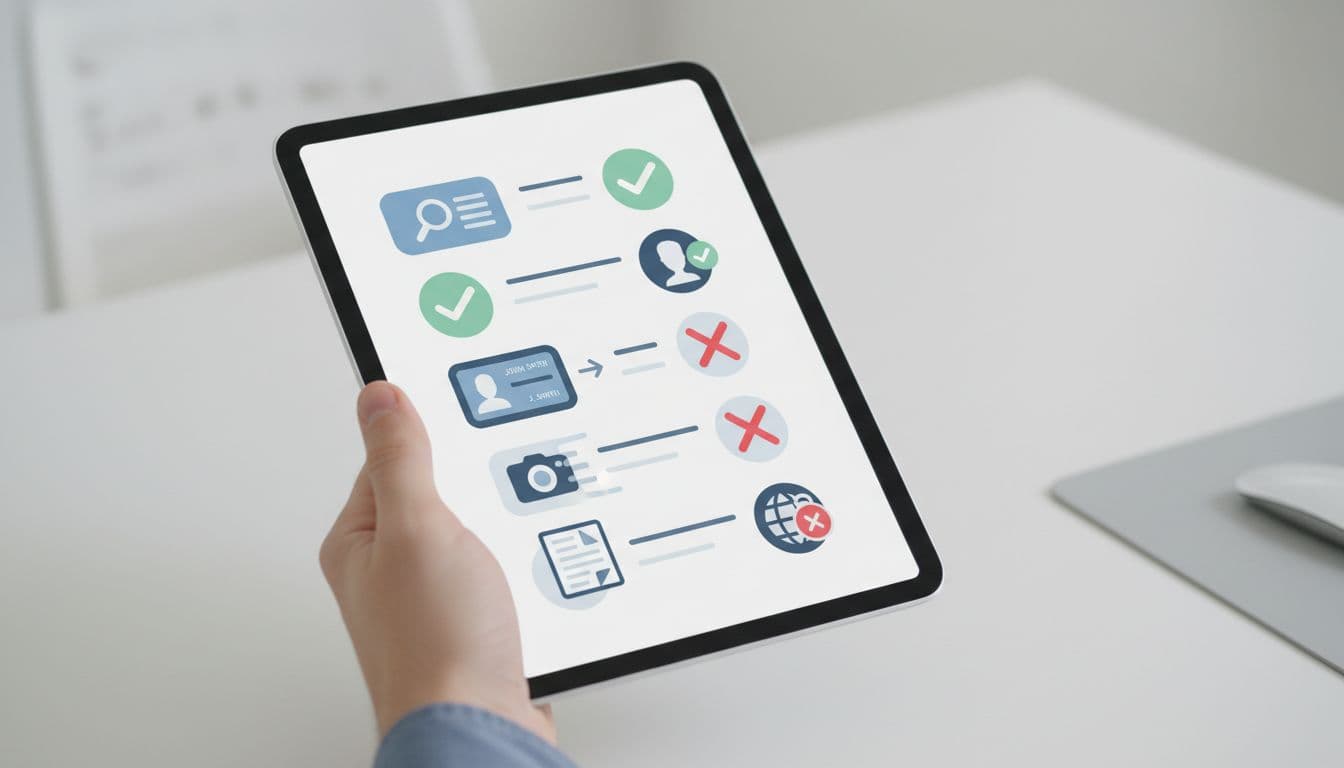 Modern illustration of a checklist with checkmarks next to verified items and crossed-out common pitfalls like mismatched names or blurry photos, displayed on a digital tablet held by one hand against a simple office desk background.