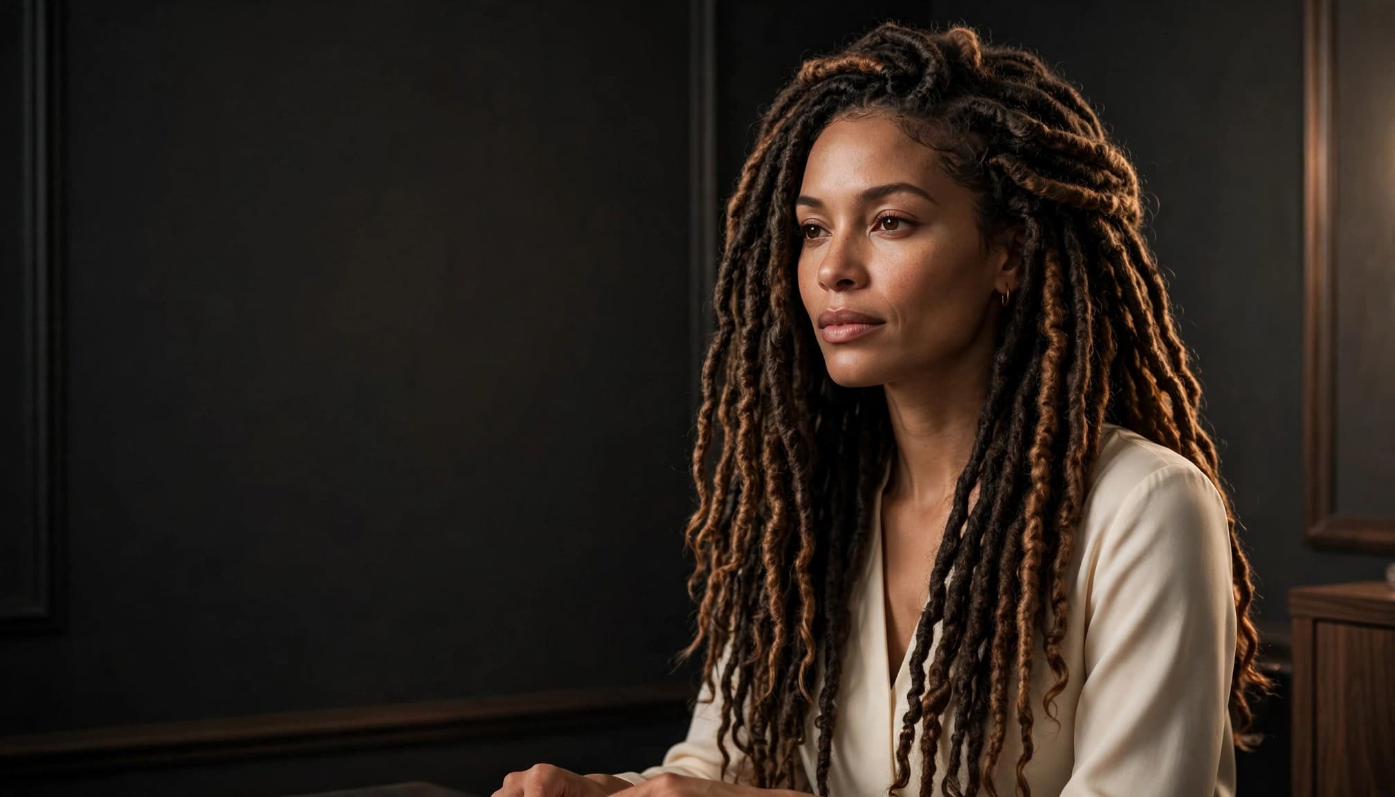 Woman wearing a full faux loc wig with warm caramel accents in a dark dressing room.