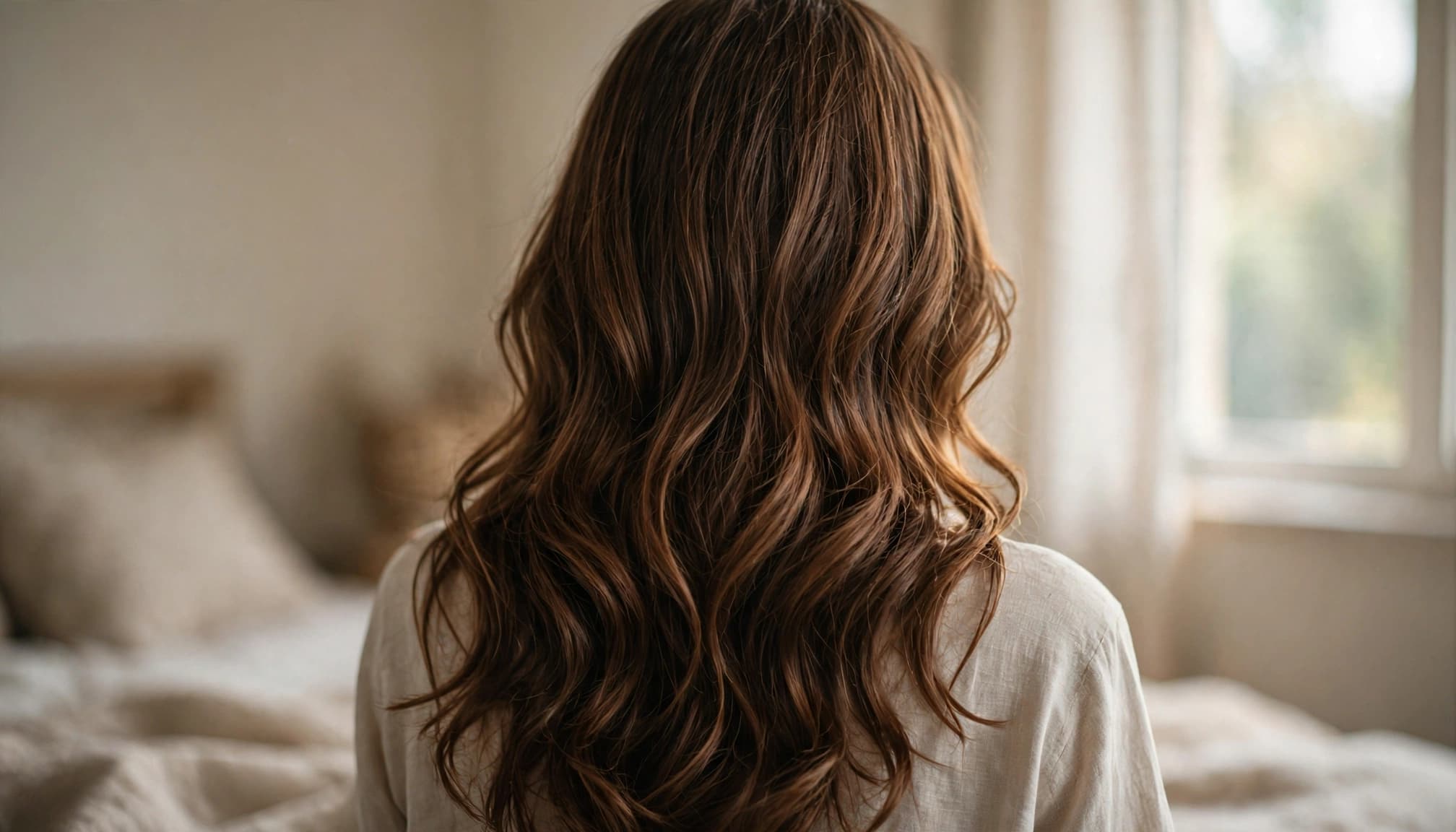 A woman with full chestnut waves stands by a bedroom window.