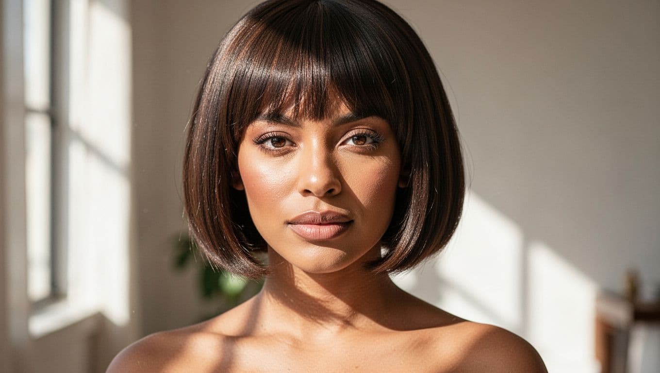 Woman wearing a sleek chin-length bob wig in a softly lit room.