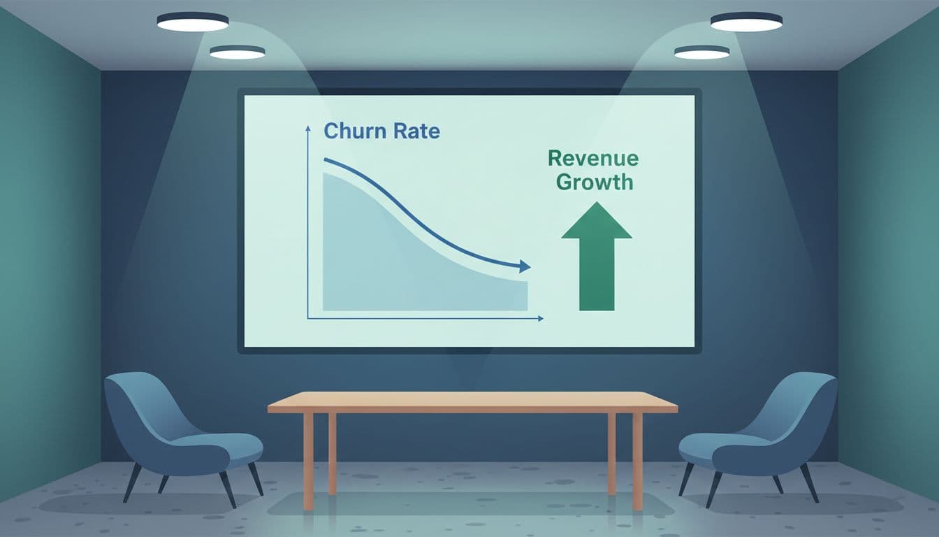 Modern illustration of a graph on a projected screen in an empty meeting room, depicting declining churn rate over time with an upward revenue arrow, using clean shapes and blues-greens palette.