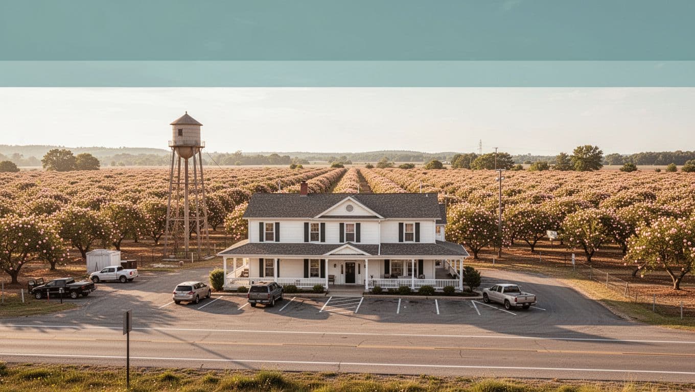 Classic two-story roadside hotel exterior in Clanton, Alabama peach country, with parked cars near I-65 highway, peach orchard background, and water tower under bright midday sunlight. Bold 'Clanton Stays' headline in green band at the top in editorial style.
