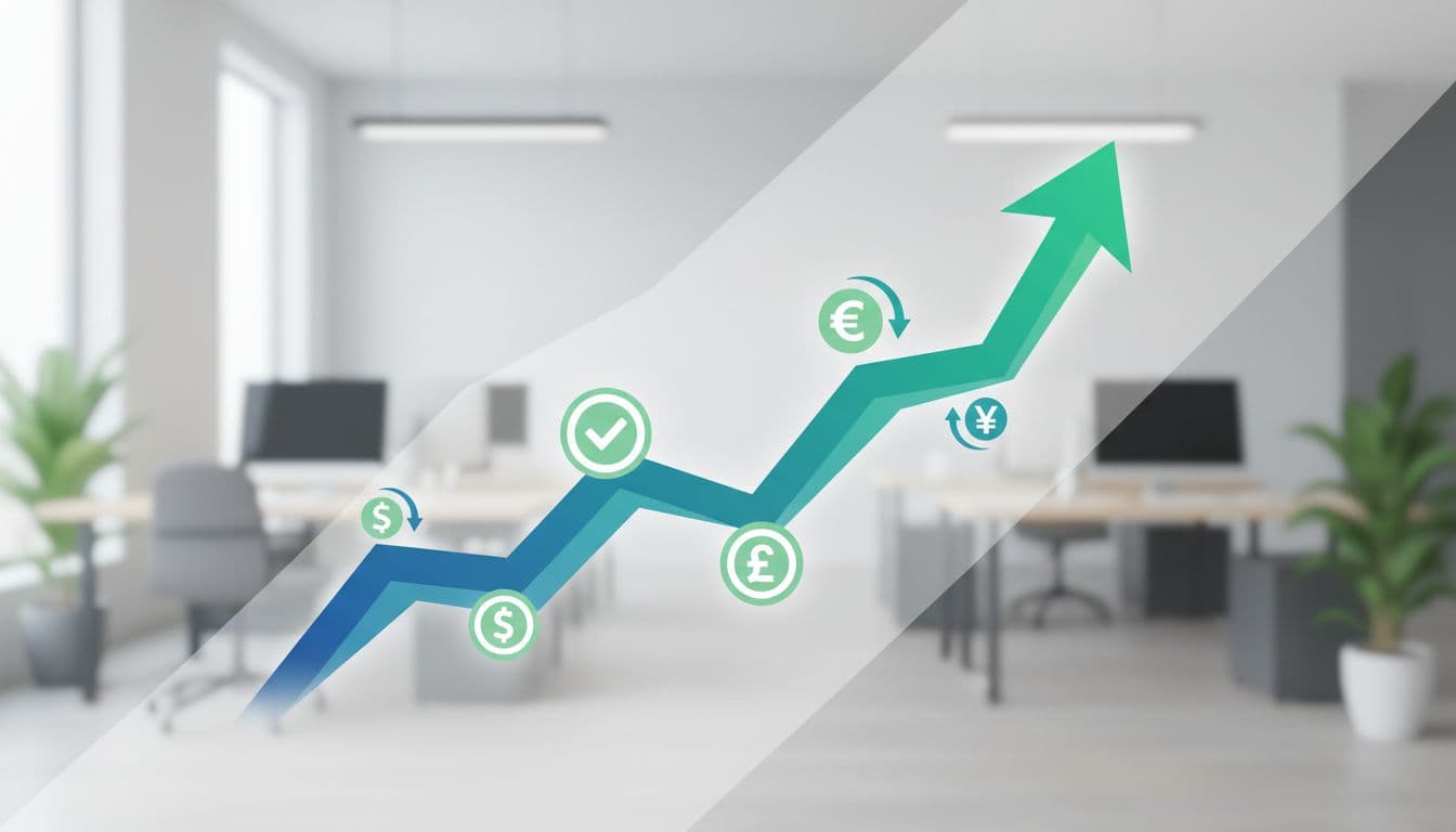 Modern illustration of a clean revenue report chart rising steadily, featuring checkmarks for reconciled data and currency conversion icons in a professional workspace with blues and greens palette.