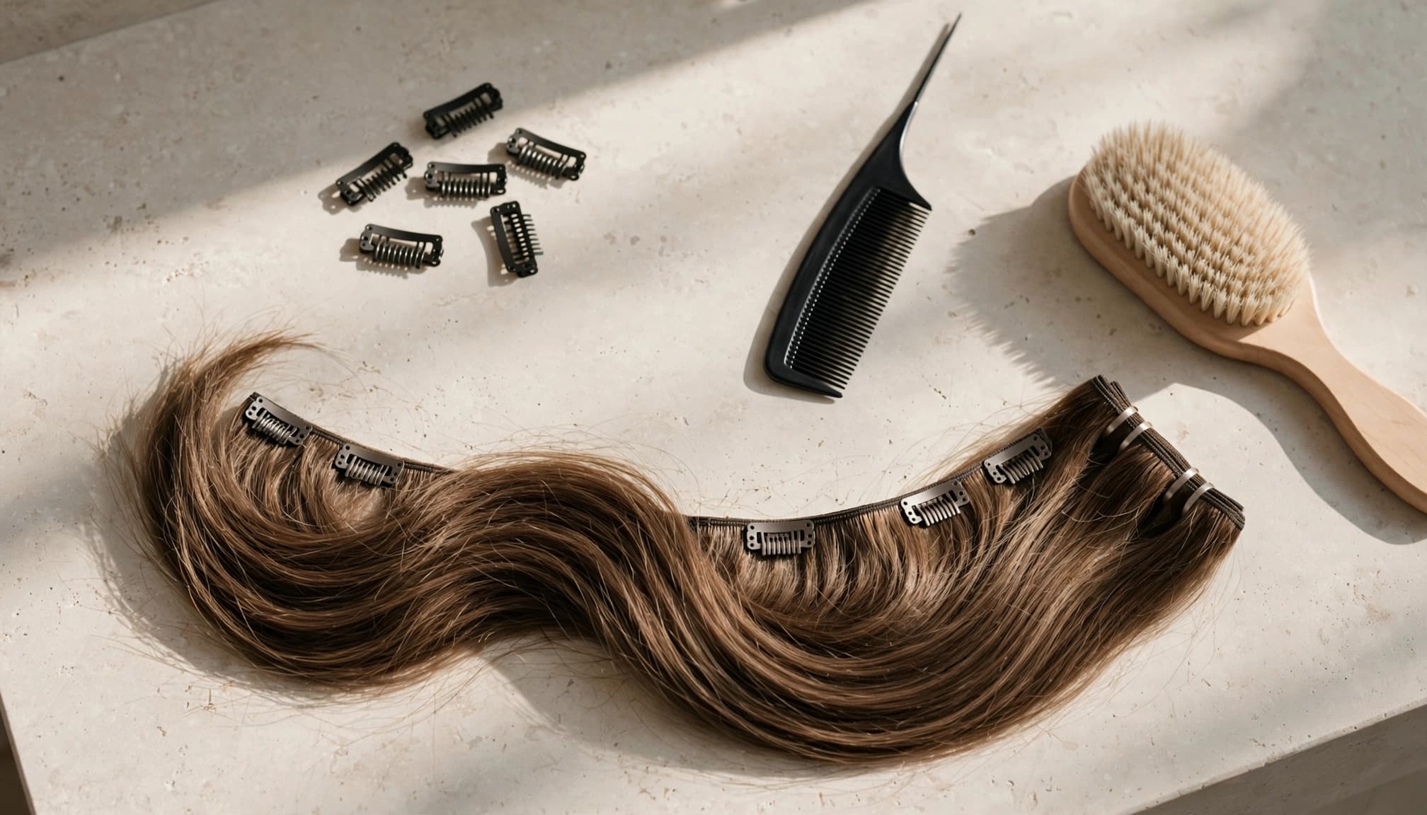 A curved hair weft and styling tools arranged on a pale stone vanity.