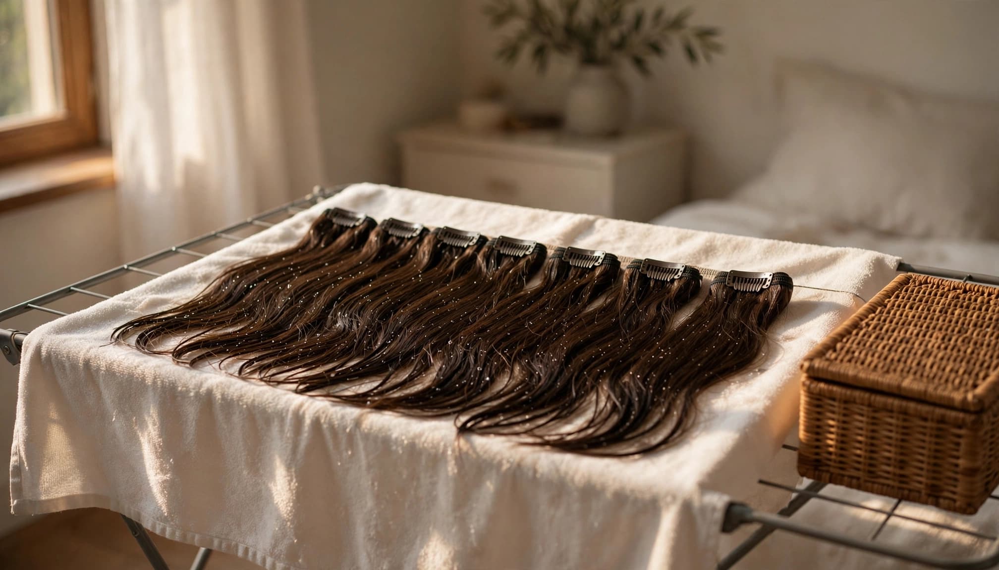 Clip-in hair extensions rest on a towel-covered rack beside a closed box.