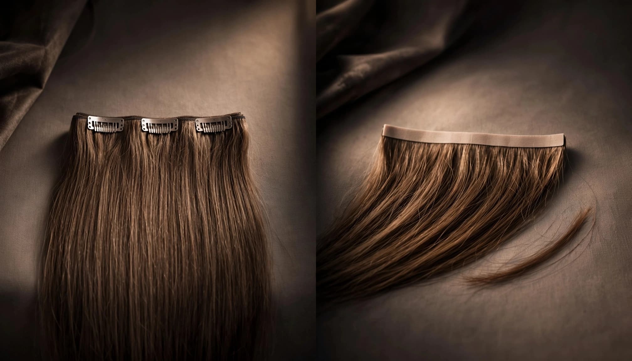 A clipped hair weft and a tape-in weft arranged side by side in a dark studio.