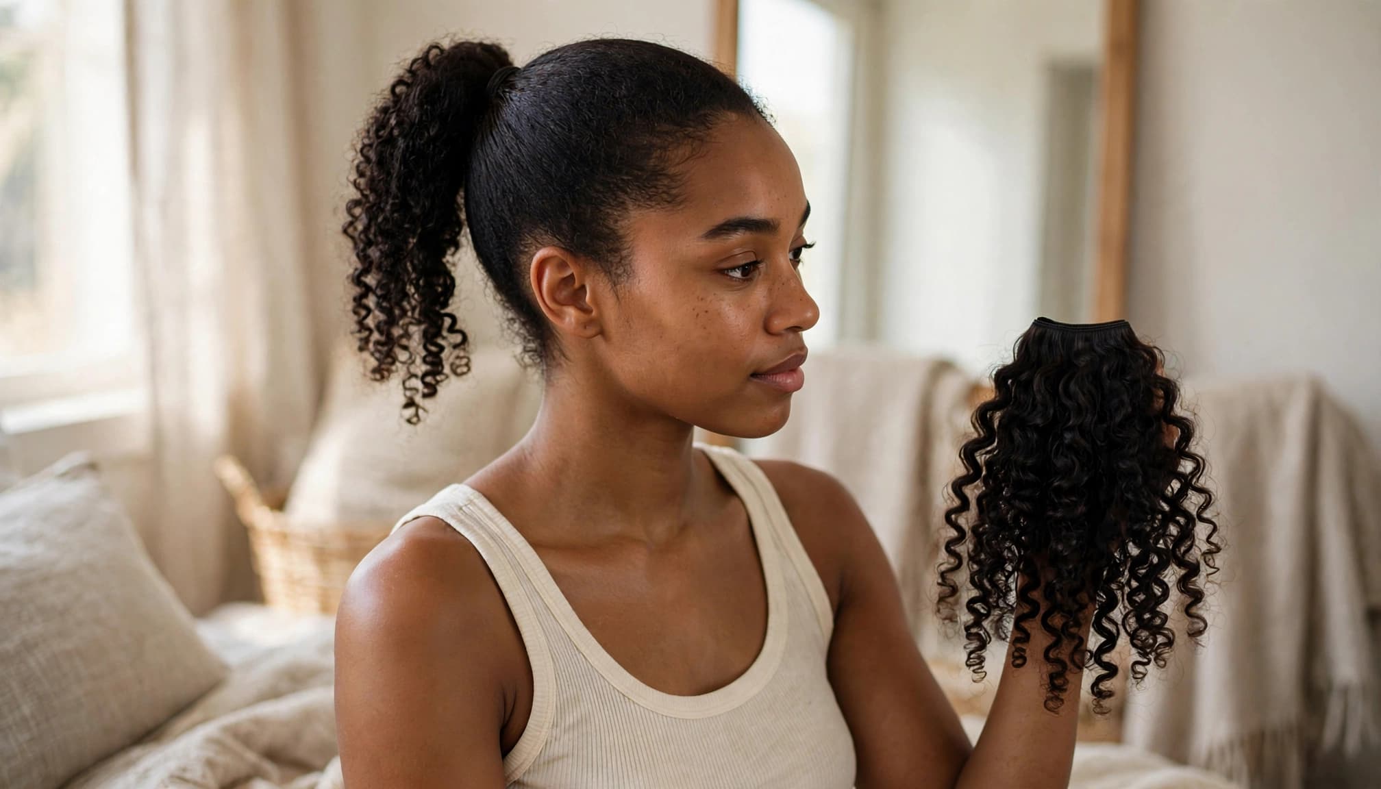 A woman compares a coily ponytail extension with her own hair.