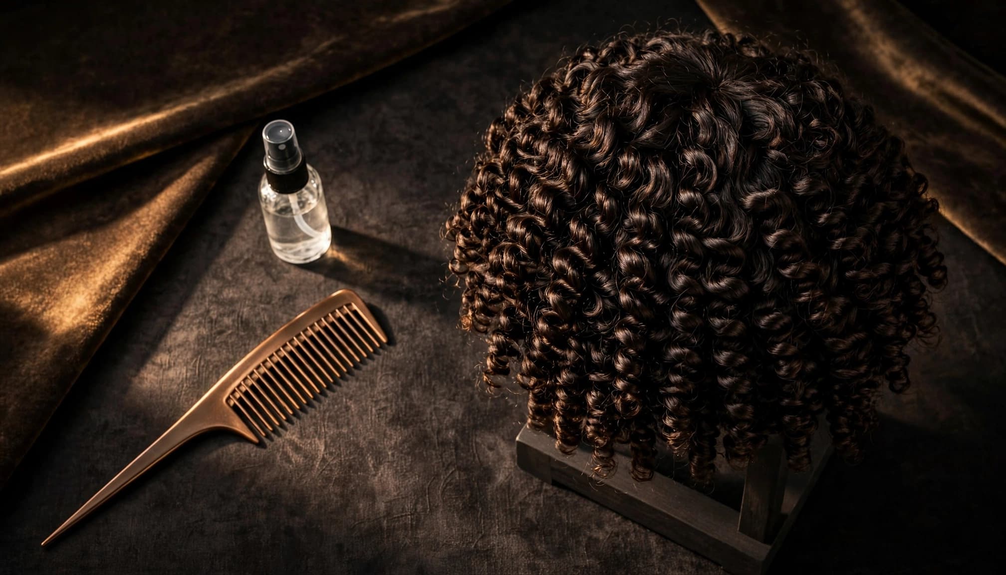A coily wig on a stand beside a wide-tooth comb and spray bottle.