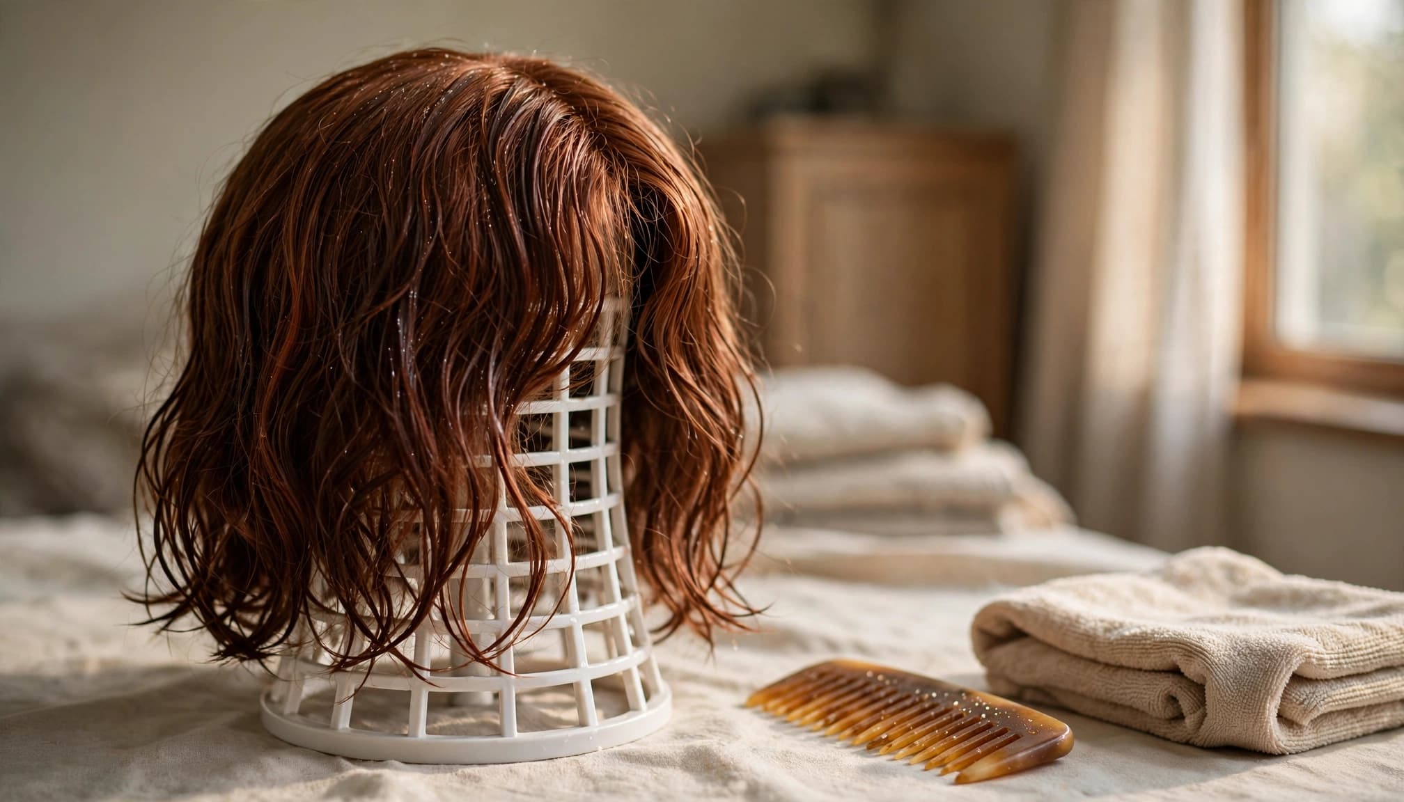 A colorful wig dries on a stand beside a comb and towel.