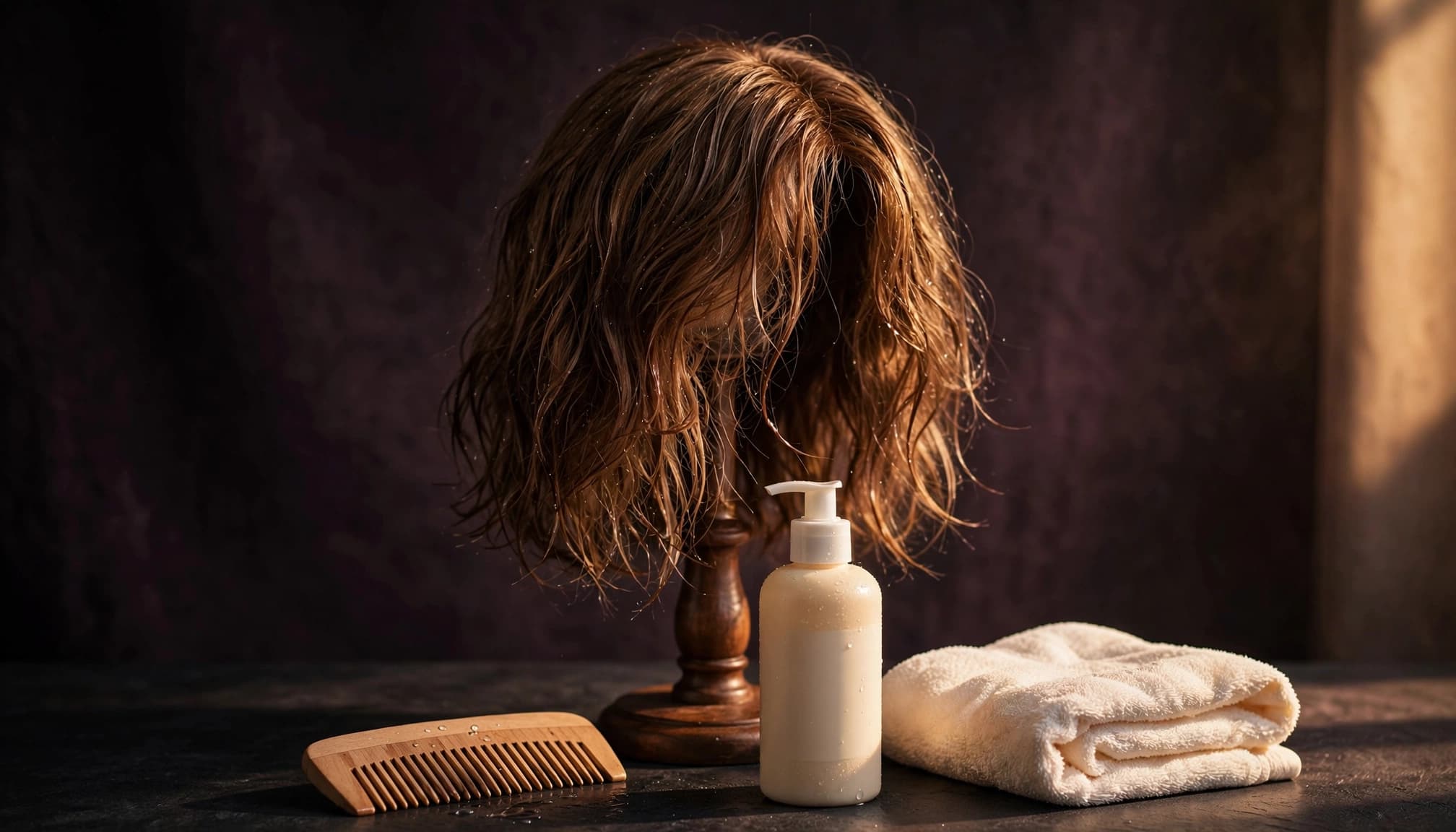 A burgundy wig dries on a stand above a comb, conditioner bottle, and folded towel.