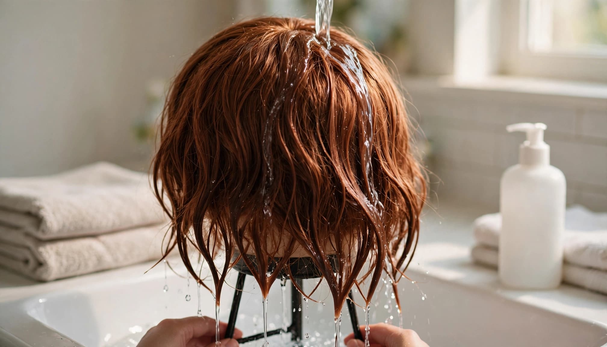 Cool water rinses a colored wig held on a stand above a clean basin.