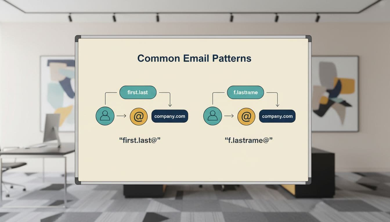 Modern illustrative diagram on a whiteboard showing two common corporate email patterns like firstname.lastname@company.com and firstinitiallastname@company.com using icons and flows.