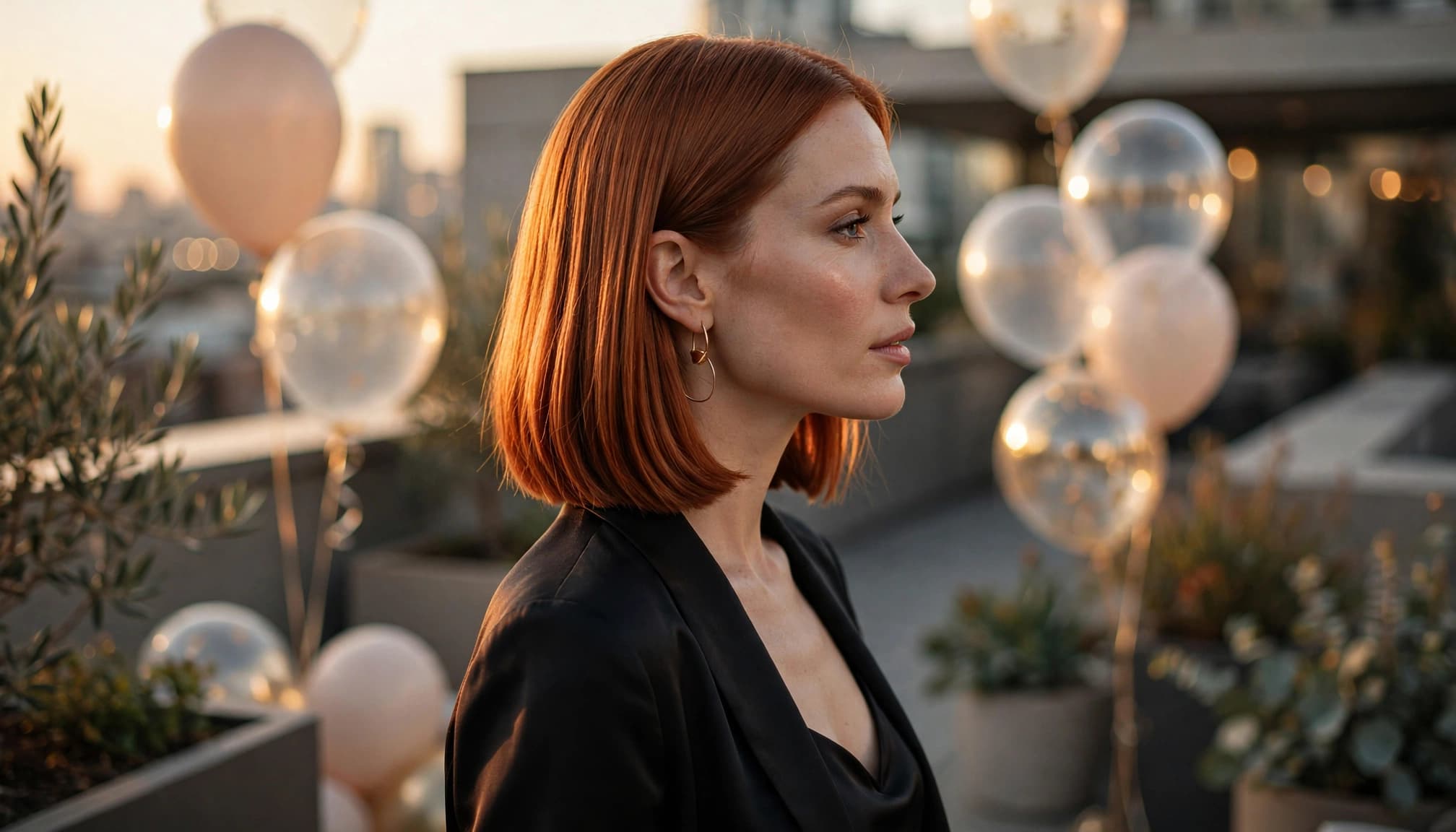 A woman with a glossy copper bob stands beside balloons on a rooftop at sunset.