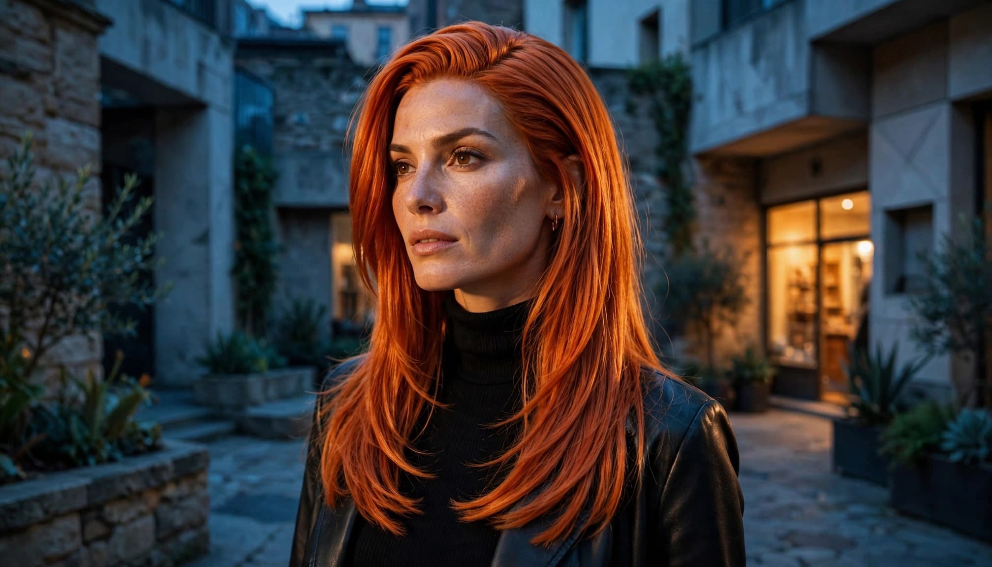 A woman with vivid copper hair poses in a courtyard at dusk.
