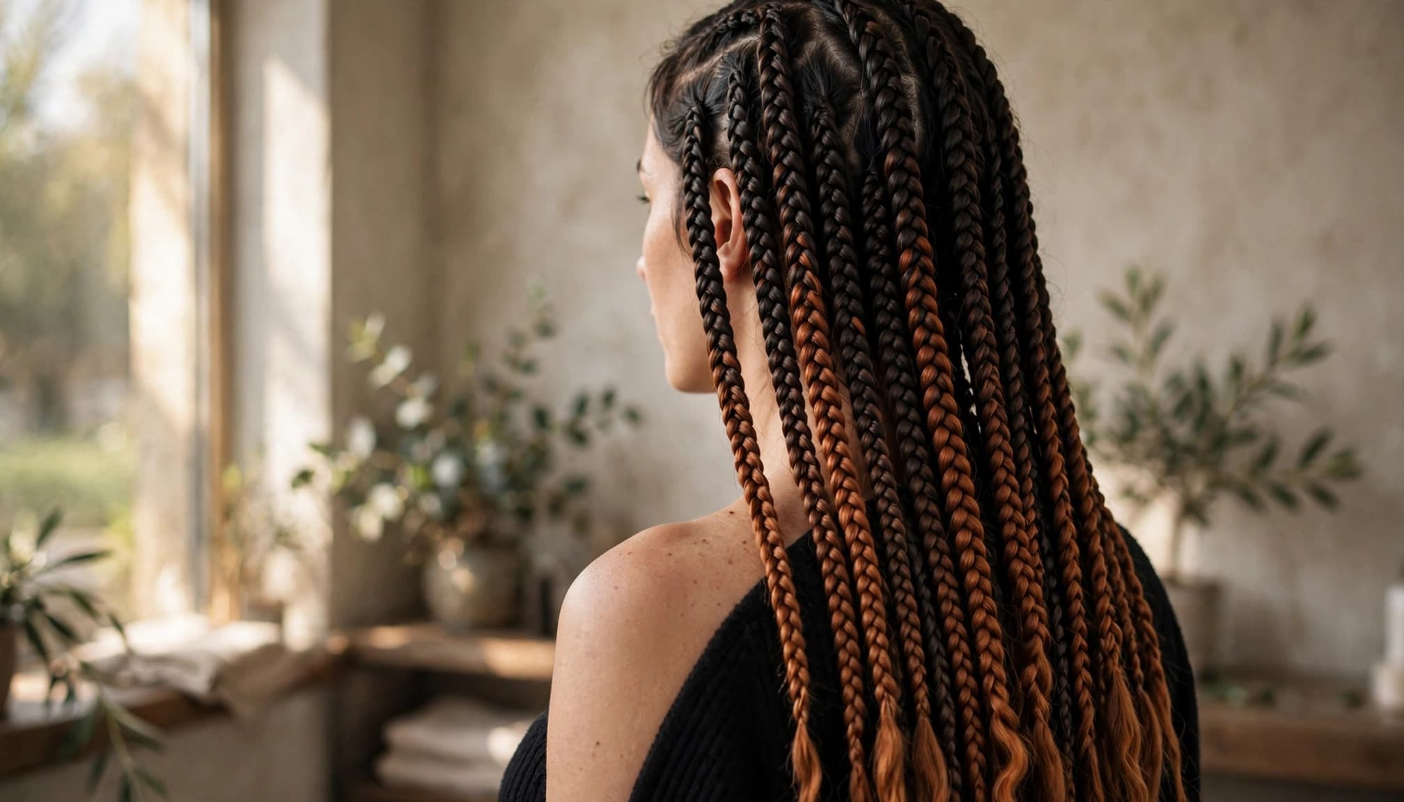 A woman displays waist-length braids fading from dark roots to copper brown.
