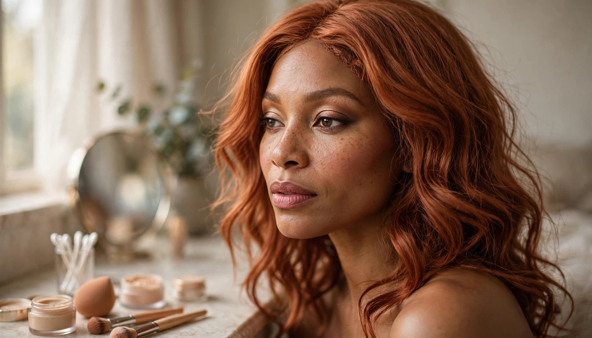 A woman with copper waves wears warm bronze makeup beside a softly blurred vanity.