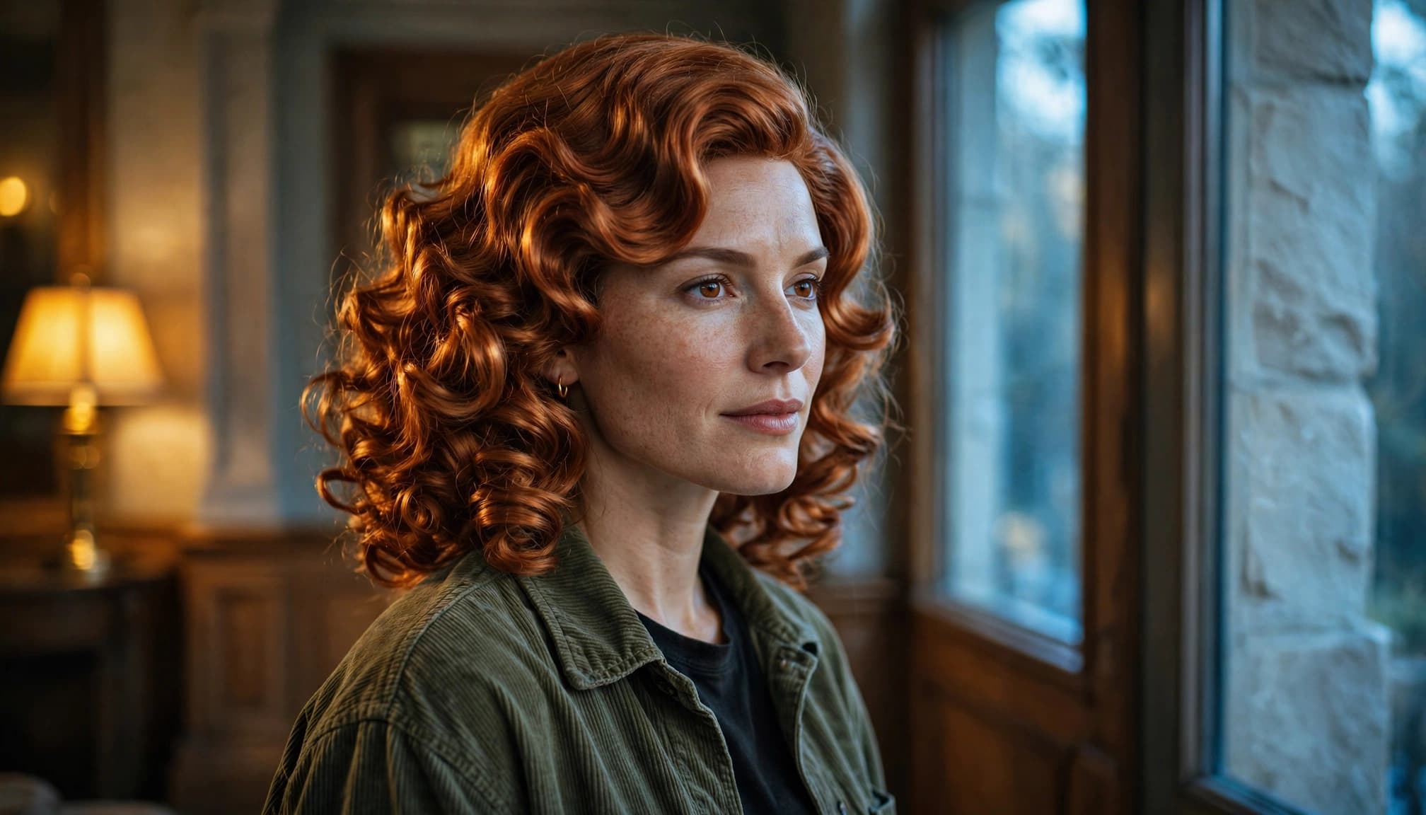 A woman with copper curls stands in an entryway lit by a warm lamp and cool window light.