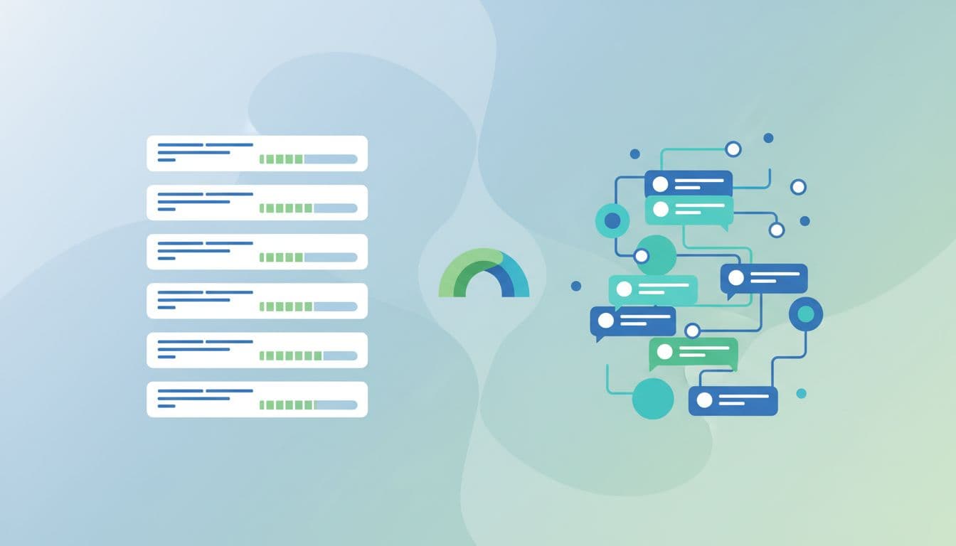 Modern illustration in clean shapes and green-blue palette showing split screen: organized course lessons with progress bars on left, lively community forum with posts on right, connected by bridge icon symbolizing integration.